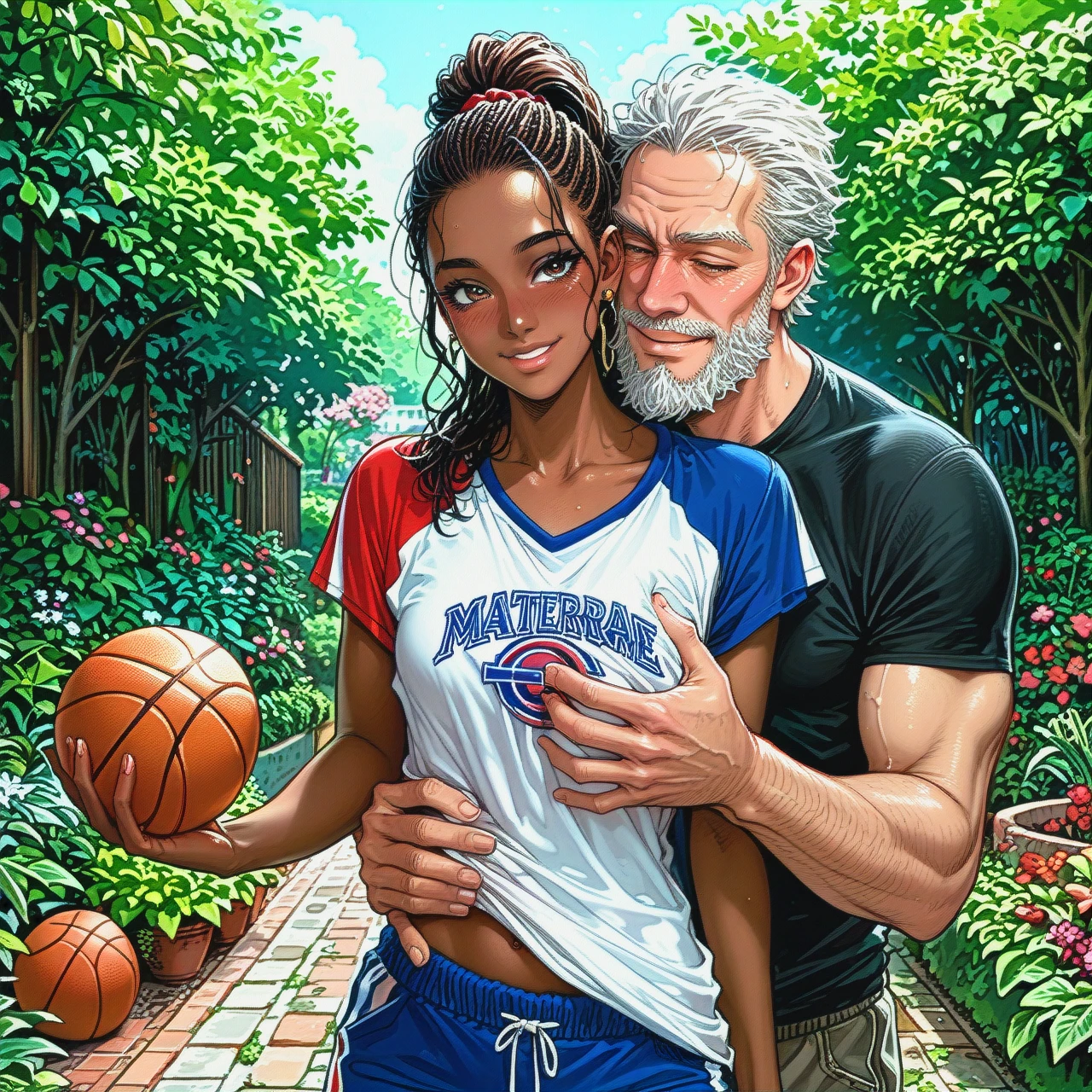 garden, outside. (super cute dark-skinned African-american slim girl) (flat_chest), (oversized (white-basketball-jersey) and pants), smiling, blush, top ponytail,(muscular old man with a beard) (reach-around) (breast_grab)