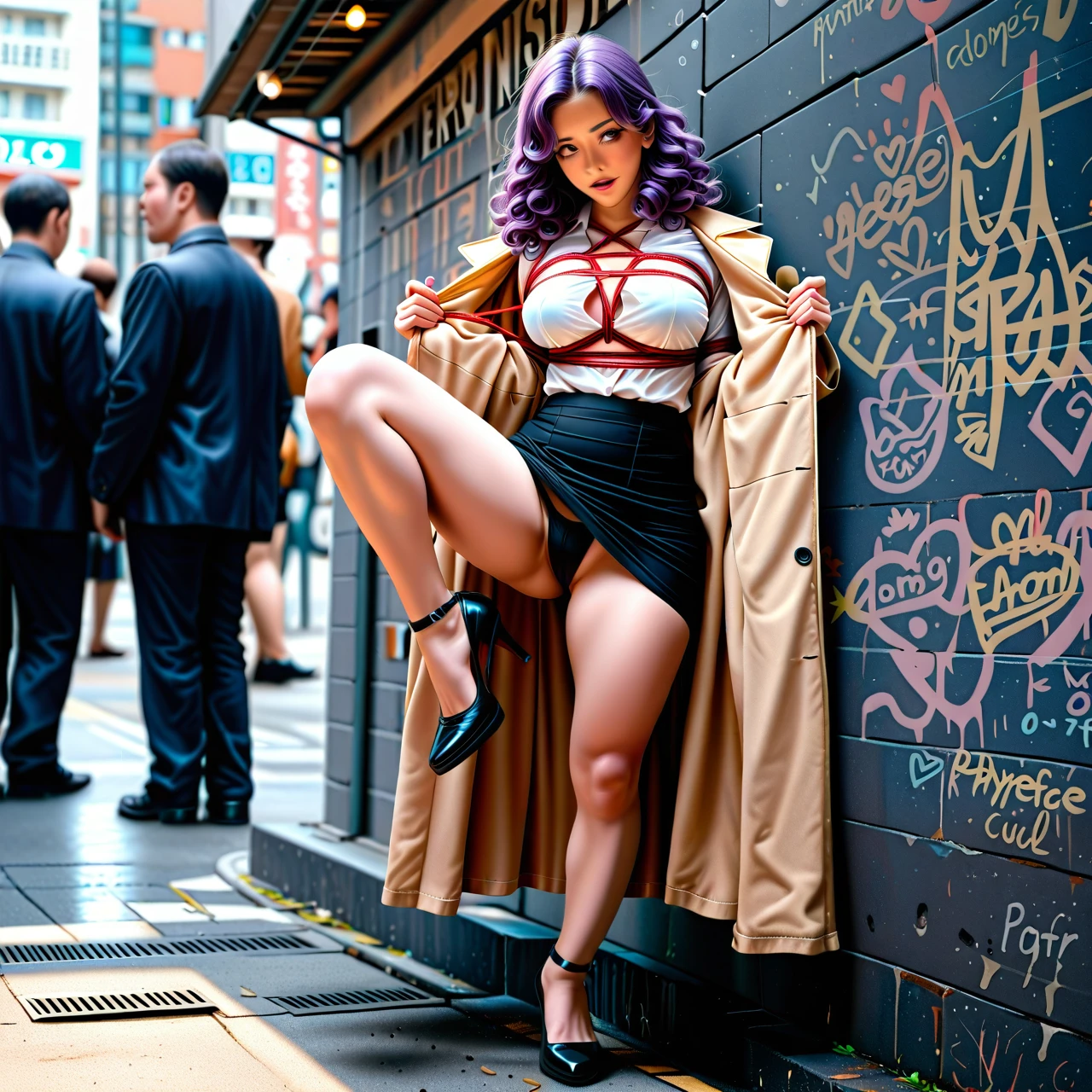 Loose_trench, long_coat, (exhibitionism), (full_body), (standing_on_one_leg),  (leaning), (through_clothes), wall, people, high_waist_thong_under_skirt, purple_curly_hair, (breast_bondage) , (implied_fingering) ,(naughty)