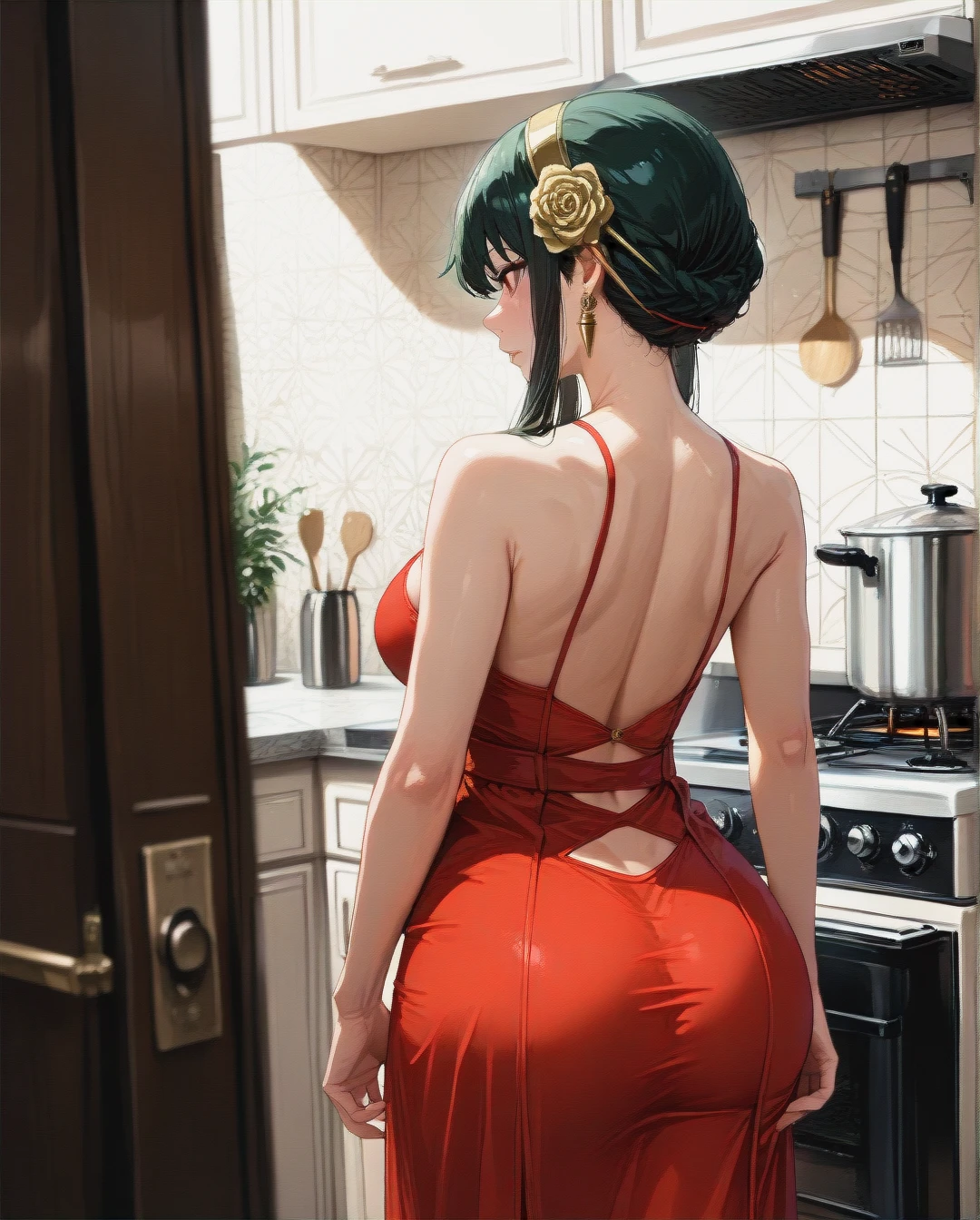 @yor_briar, (perfect face: 1,2), in red dress, (full_body), standing behind the kitchen stove