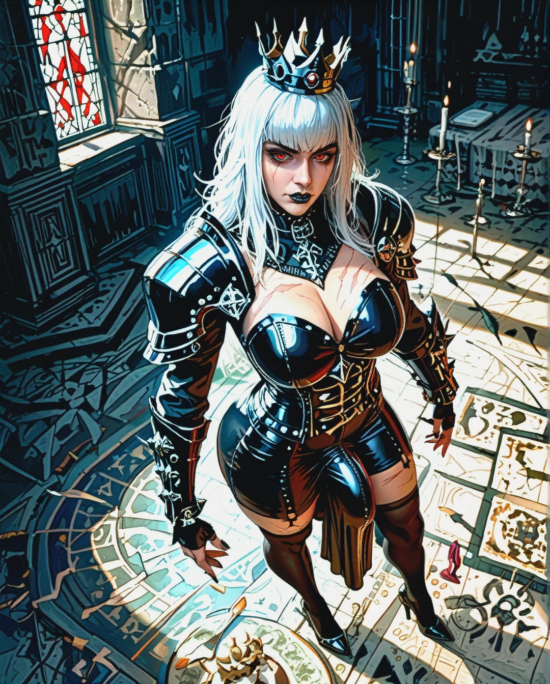 Realistic anime style, beautiful scars face, milf, on the dark castle, mature futanari, curvy body, straight hair, red eyes, white hair, huge ass, medium breasts, black goth kneehighs, high goth heels, focus solo, black goth full plate armor, scars, black crown, big bulge penis, focus ass