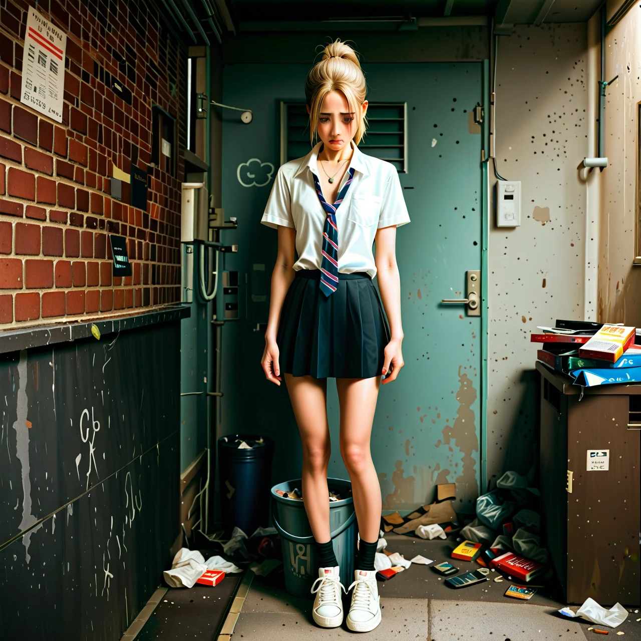 College, blonde_ponytail, brown_eyes, white_shirt, black_legwear, (skinny) ,(full_body), (tears), (sad), brick_wall, smoking_room, cigarette_butts, trash_can, sneakers, black_skirt, (standing) , neckline , earrings, necklaces, jewellery, loose_tie, phone, pack_of_cigarettes_in_dirt