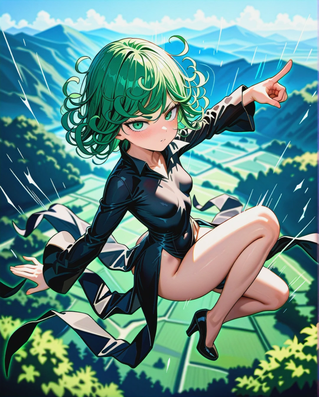 1girl, @tatsumaki, (perfect face), (beautiful green eyes), (very skinny), in black dress with long sleeve, in black heels, floating in the air, landscape is forest, side view, (full_body), motion lines, day, (pointing)