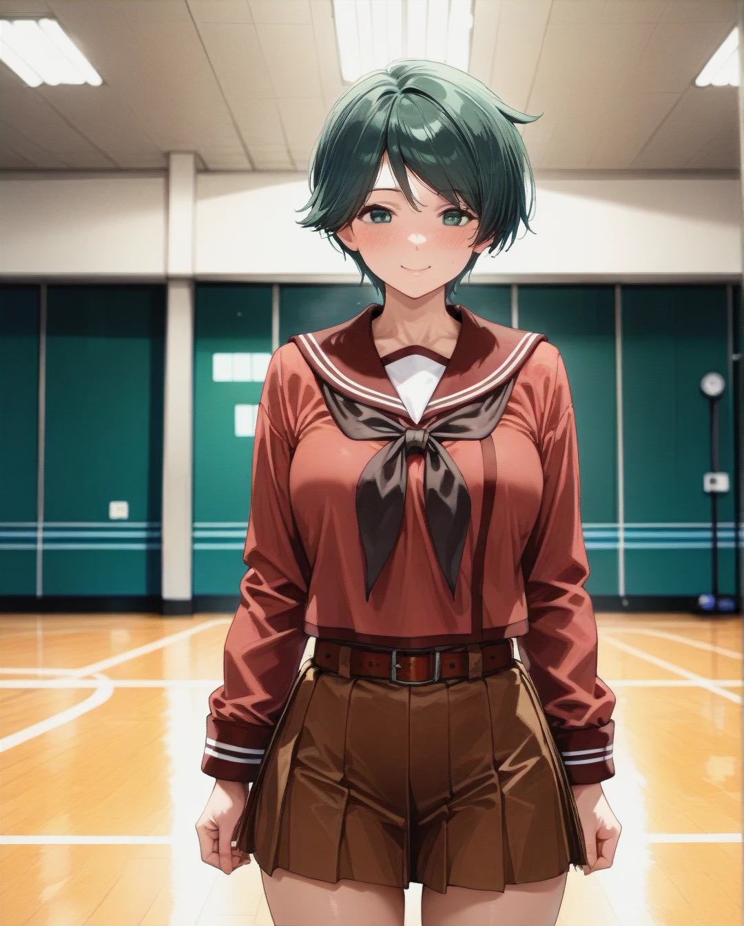 @mogami, (perfect face: 1,2), in school uniform, (full_body), standing, sports Hall, athletic