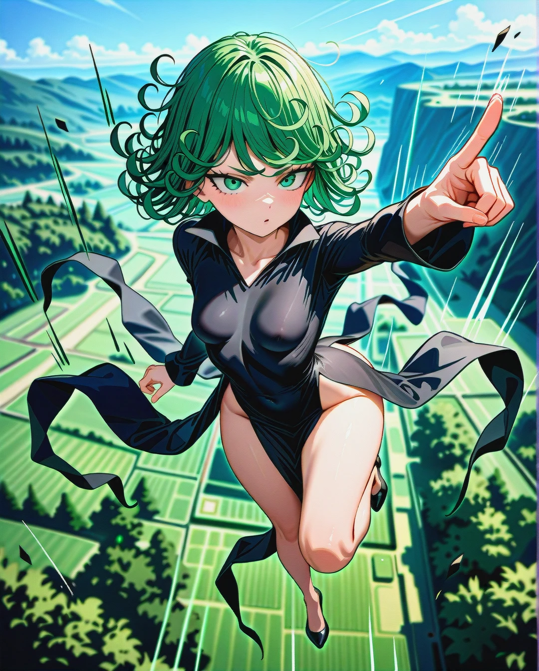 1girl, @tatsumaki, (perfect face), (beautiful green eyes), (very skinny), in black dress with long sleeve, in black heels, floating in the air, landscape is forest, (full_body), motion lines, day, (pointing), bottom view