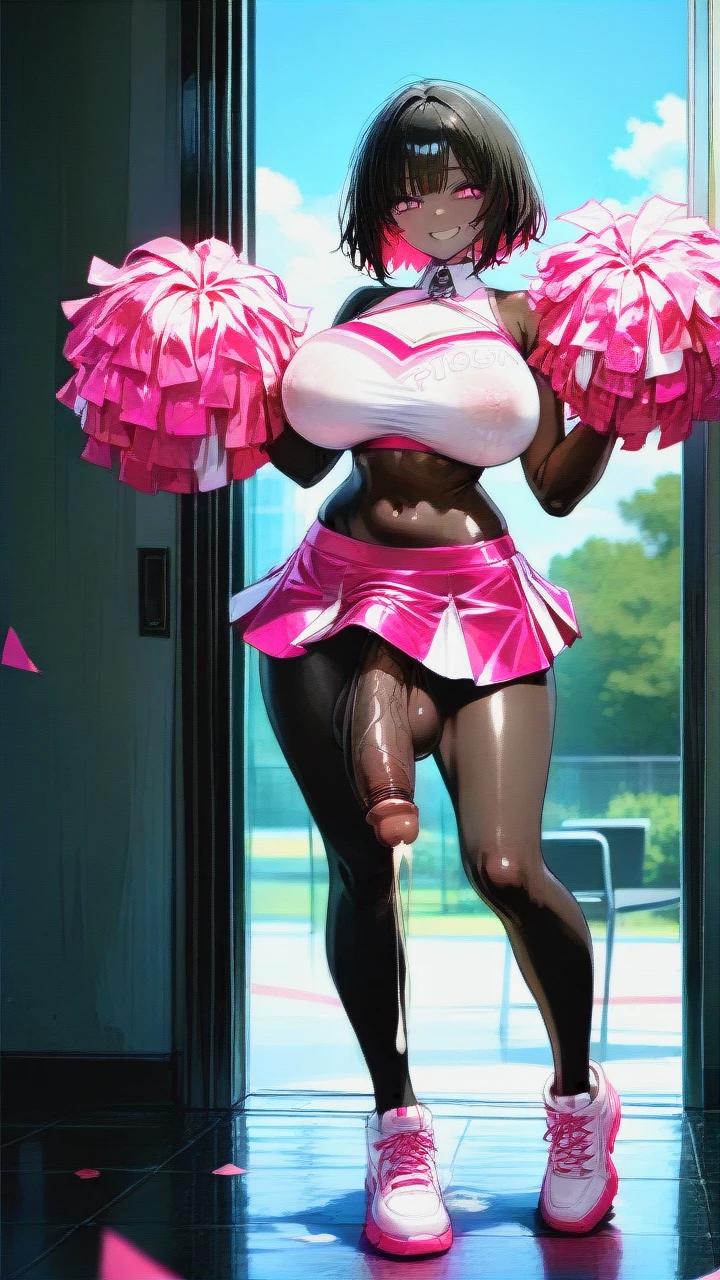 Ebony, girl, smiling, pink glitter cheerleader, huge boobs, (futanari), hard cock, huge cock, cumshot, full body view