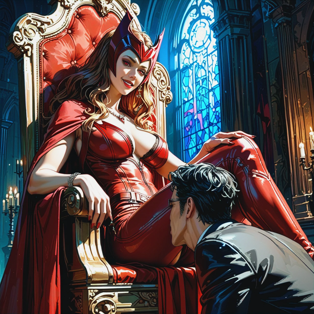 Smile Scarlet witch, femdom, night, sitting on the throne, pants, cunnilingus,