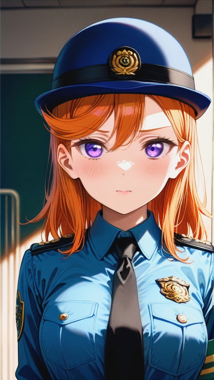 1girl,shibuya_kanon\(love_live!\),purple_eyes,looking at viewer, Japanese Police_officer,Bowler Hat, high_back hat, cockade, (salute)