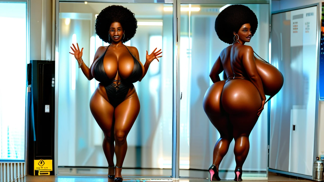 (extra thicc hourglass figure), black woman, hyper breasts, hyper ass, naked, (very dark brown skin), (afro), standing up and waving,