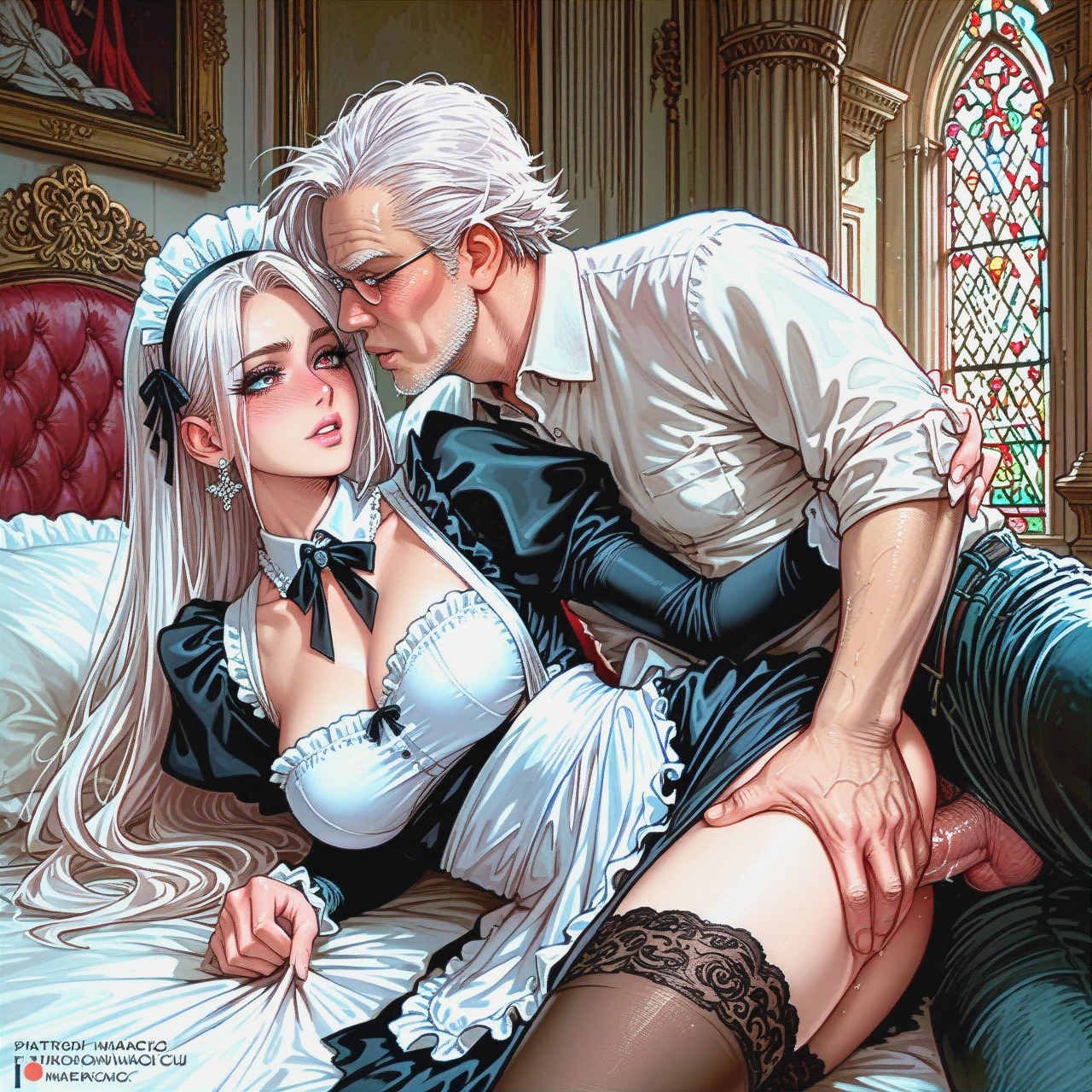 Sexy maid,sexy maid outfit,blushing, mansion bedroom,    on side,(penetration), fit old man (man has white hair, wearing shirt and pants)