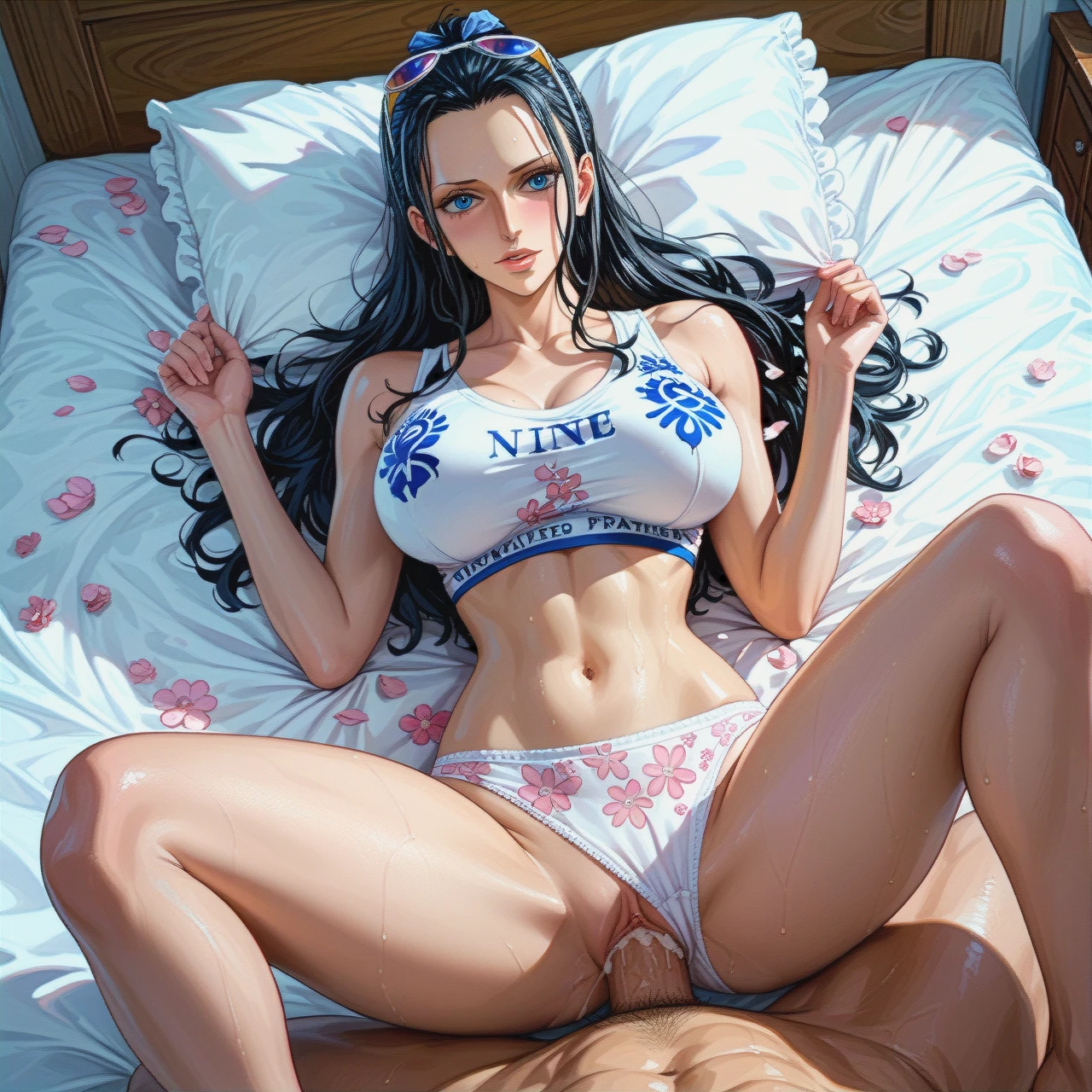 Pulled back hairstyle, Nico @nico_robin ,sex missionary on bed, white sports bra pink floral, white panties Pink floral