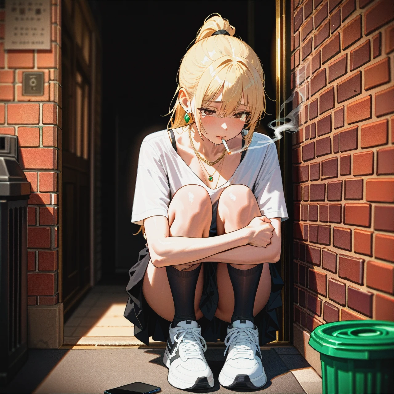 College, blonde_ponytail, brown_eyes, white_shirt, black_legwear, (skinny) ,(full_body), (tears), (sad), brick_wall, smoking_room, cigarette_butts, trash_can, sneakers, black_skirt, (standing) , neckline , earrings, necklaces, jewellery, loose_tie, phone, , (hugging_own_legs)