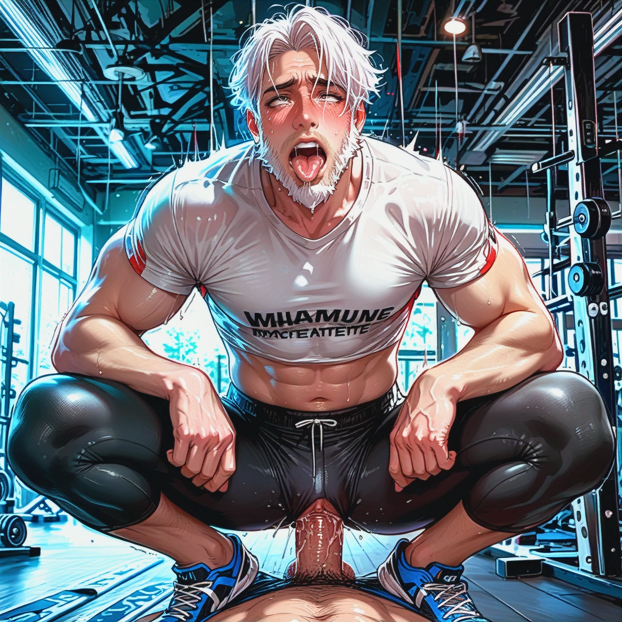 Gym,athletic brumette ,blushing, squatting,sports tube top and thongs,(penetration), fit old man (man has white hair and beard, wearing shirt and pants) (ahegao)