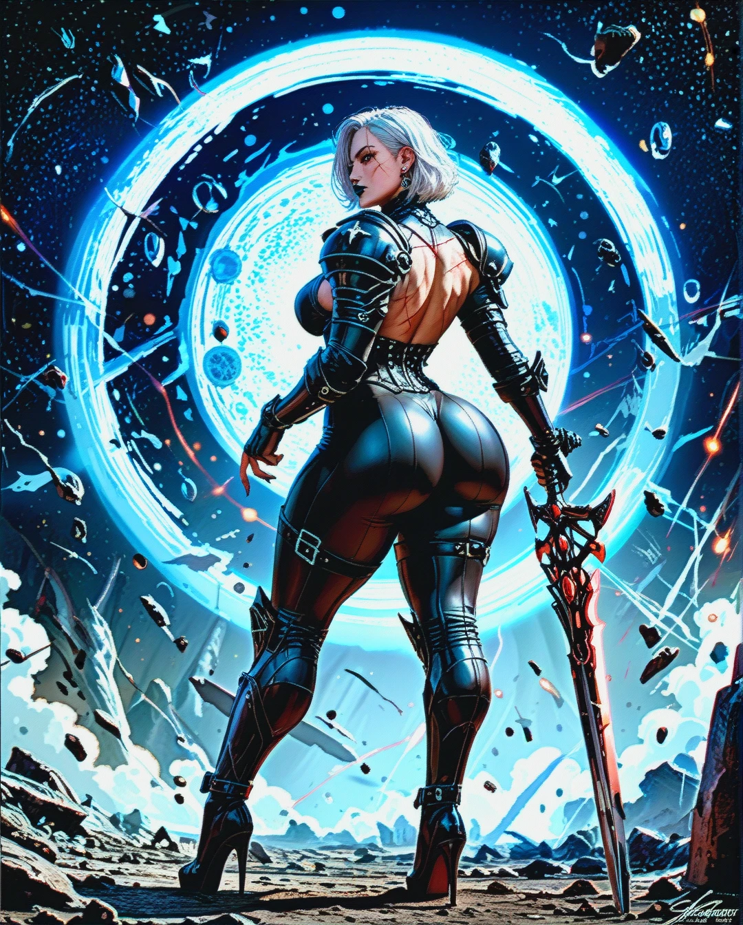 Realistic anime style, beautiful scars face, on the dark spaceship, mature futanari, curvy body, straight hair, red eyes, white hair, huge ass, medium breasts, black goth space kneehighs, high goth space heels, focus solo, black goth space full plate armor, scars, big bulge penis