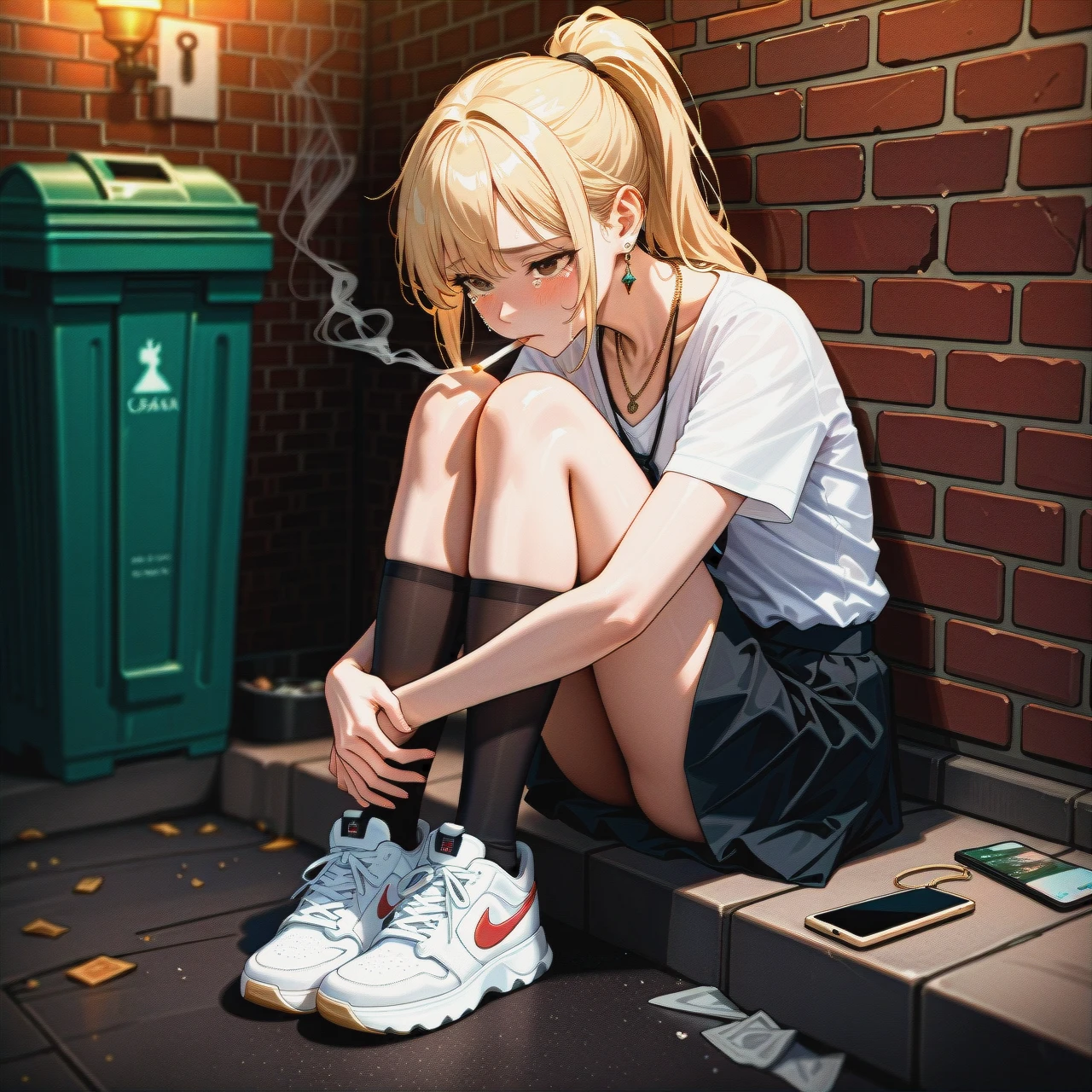 College, blonde_ponytail, brown_eyes, white_shirt, black_legwear, (skinny) ,(full_body), (tears), (sad), brick_wall, smoking_room, cigarette_butts, trash_can, sneakers, black_skirt, (standing) , neckline , earrings, necklaces, jewellery, loose_tie, phone, , (hugging_own_legs)