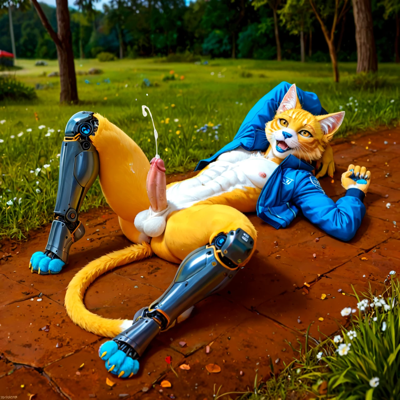 futuristic cat, blue paw pads, white belly, white muzzle with blue nose, blue tongue, fluffy, cybernetic robotic legs, yellow eyes with slit pupils, yellow fur lines, cybernetic white cybernetic sleek jacket, no pants, white cock sheath, balls, yellow claws, black fur accents, yellow fur accents, enjoys the outdoors, cutesy face, strong legs, cybernetic body enhancements, cat species, thick legs, big butt, tall, full body in frame, happy, stretching, setting mossy rocky hills in nature, lying on ground, blue foot paw pads, four toes, lying on back, feline, cumming a lot, blushing, lots of cum, large blue penis, intense orgasm, chunky legs, abs, by dangpa, by zackary