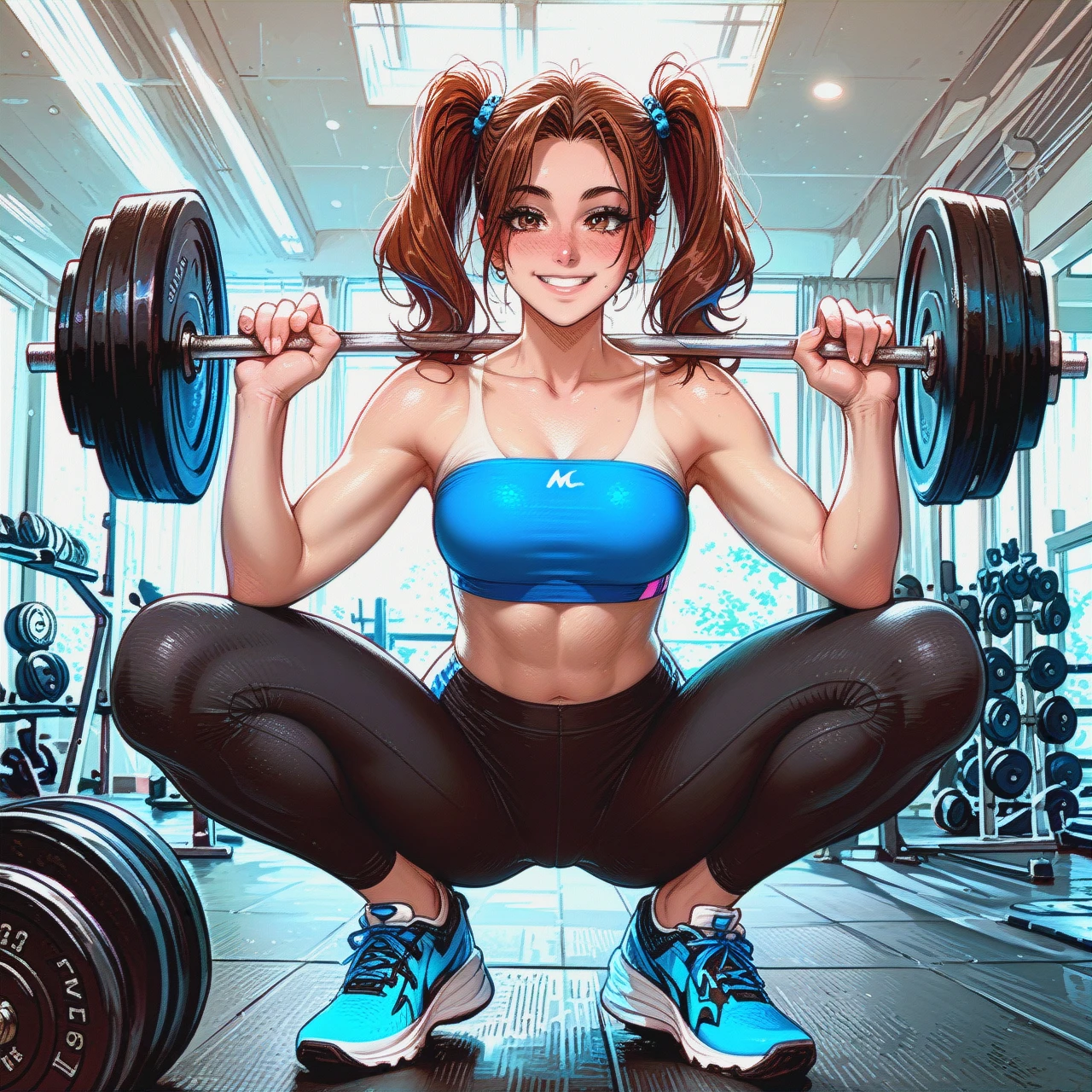 Gym,athletic girl (brown hair),twintails ,blushing,  standing,blue sports tube top and pants, (squatting) (smile) lifting weights