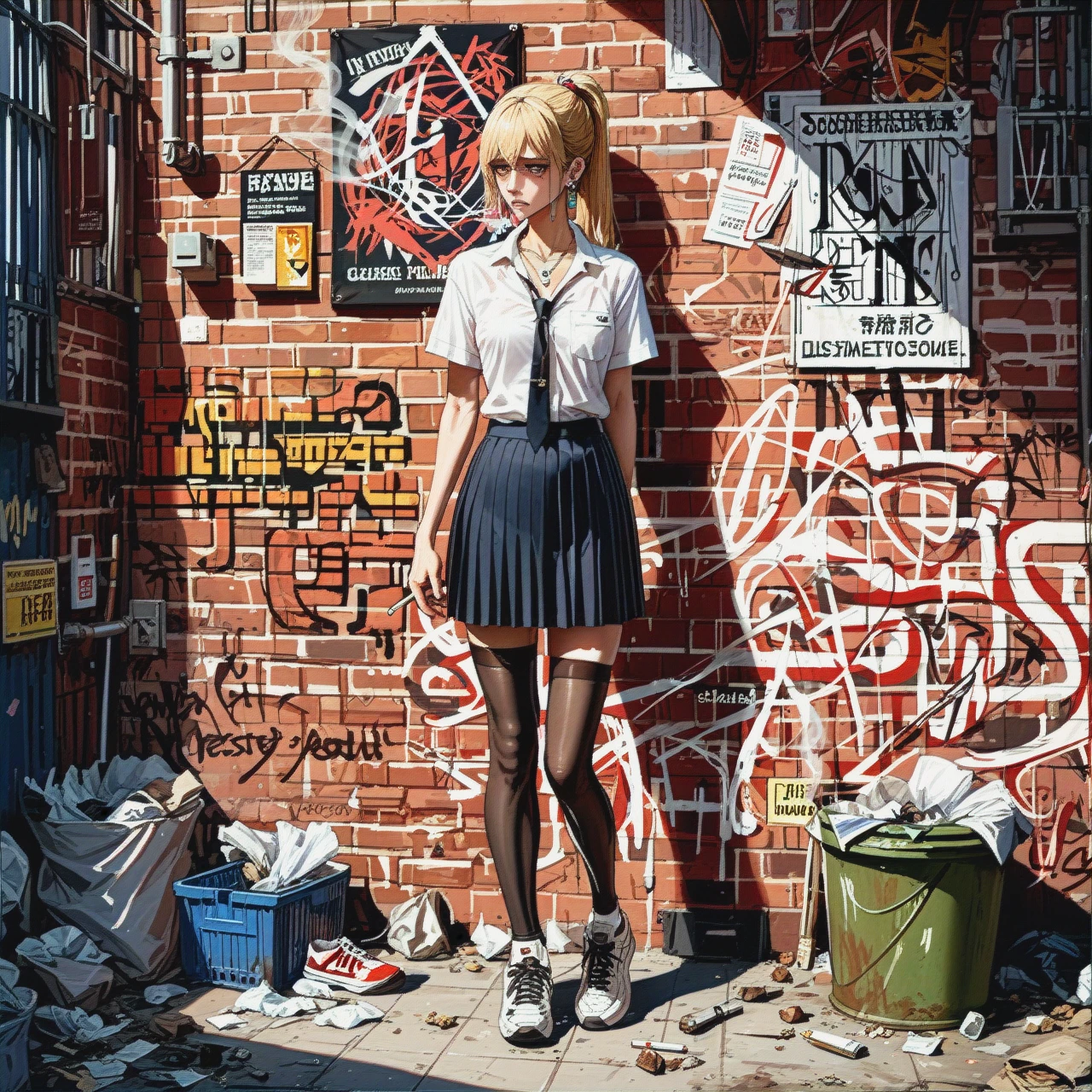 College, blonde_ponytail, brown_eyes, white_shirt, black_legwear, (skinny) ,(full_body), (tears), (sad), brick_wall, smoking_room, cigarette_butts, trash_can, sneakers, black_skirt, (standing) , neckline , earrings, necklaces, jewellery, loose_tie, phone, pack_of_cigarettes_in_dirt