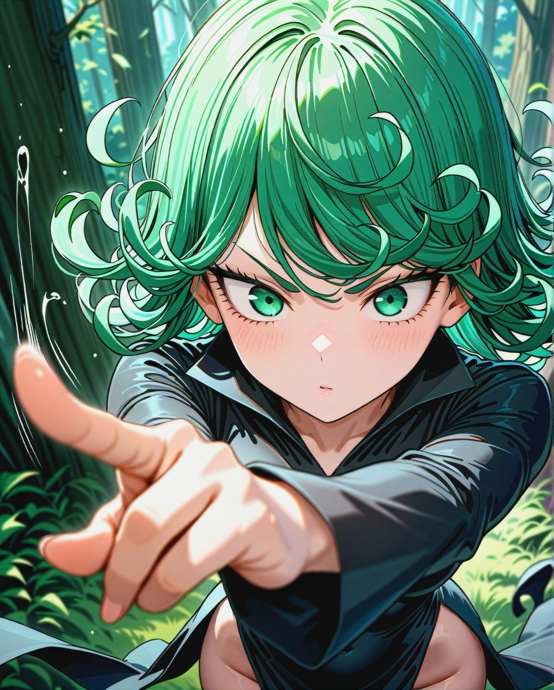 1girl, @tatsumaki, (perfect face), (beautiful green eyes), (very skinny), in black dress with long sleeve, floating in the air, landscape is forest, (full_body), motion lines, day, (pointing), looking down