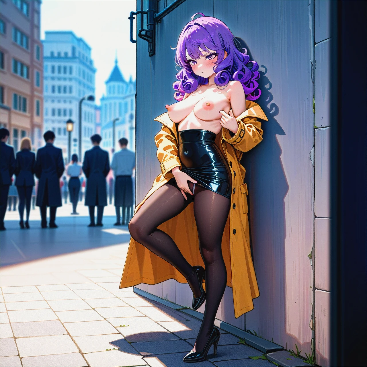 Loose_trench, long_coat, (exhibitionism), (full_body), (standing_on_one_leg),  (leaning), (through_clothes), wall, people, high_waist_thong_under_skirt, purple_curly_hair, (nipple_pull) , (implied_fingering) ,(naughty)