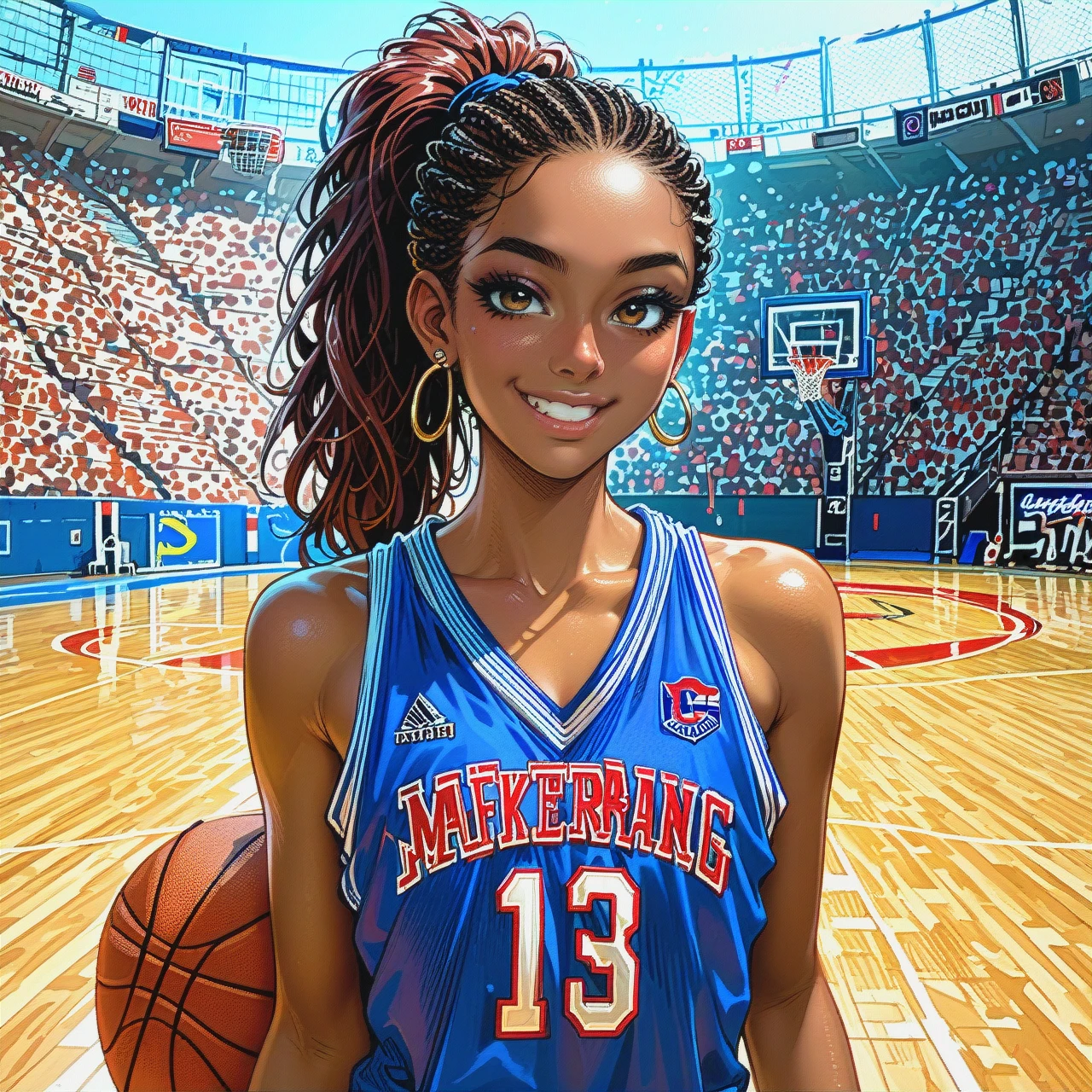 African-american slim girl, basketball field outside, oversized jersey, smiling, top ponytail, (flat_chest)