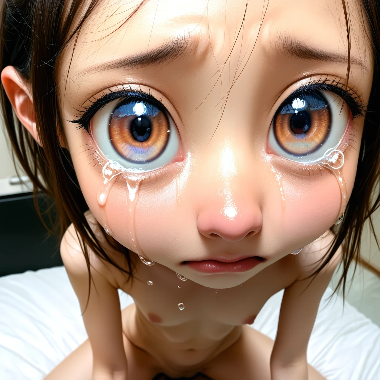 Asian, cute, big eyes, cute nose, skinny, (vaginal), crying