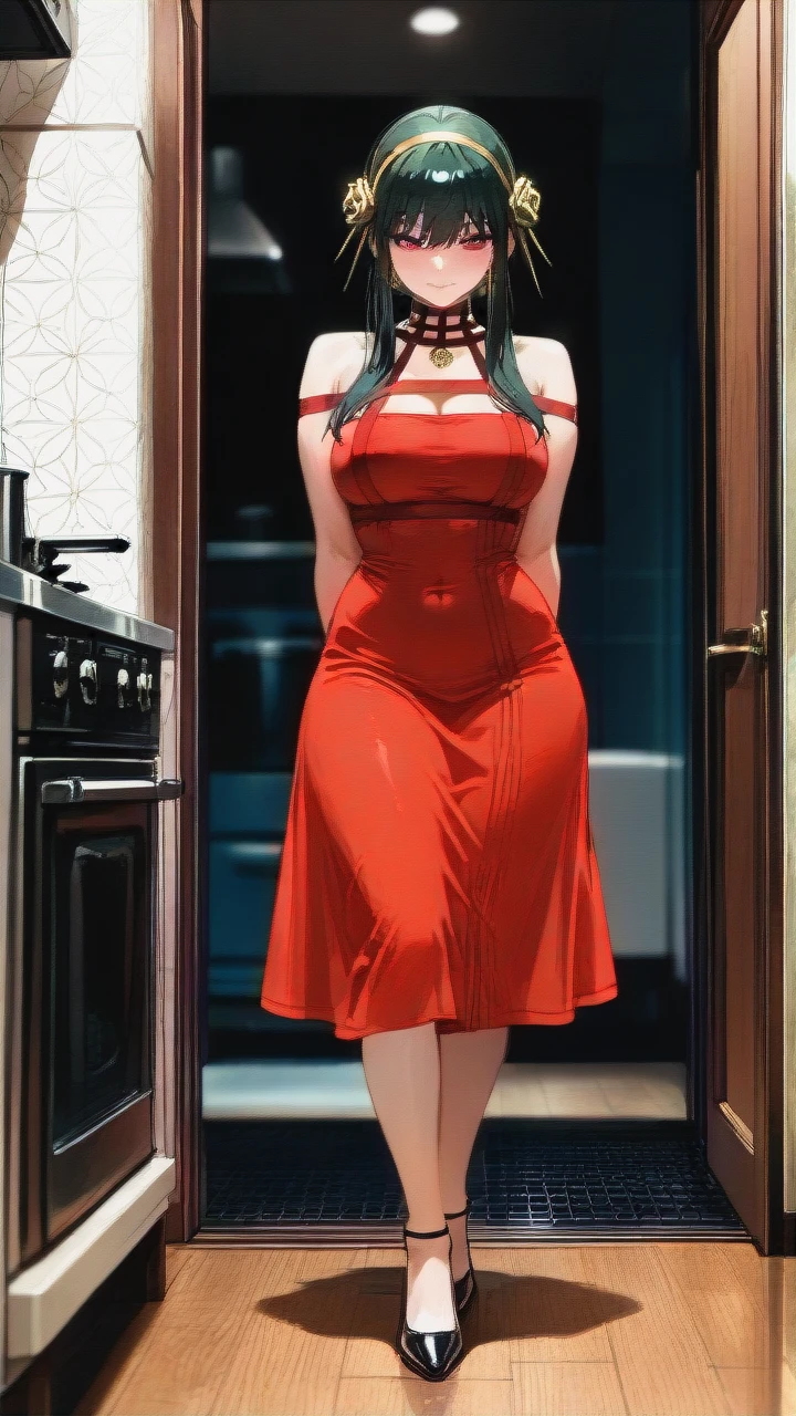 @yor_briar, (perfect face: 1,2), in red dress, (full_body), standing behind the kitchen stove