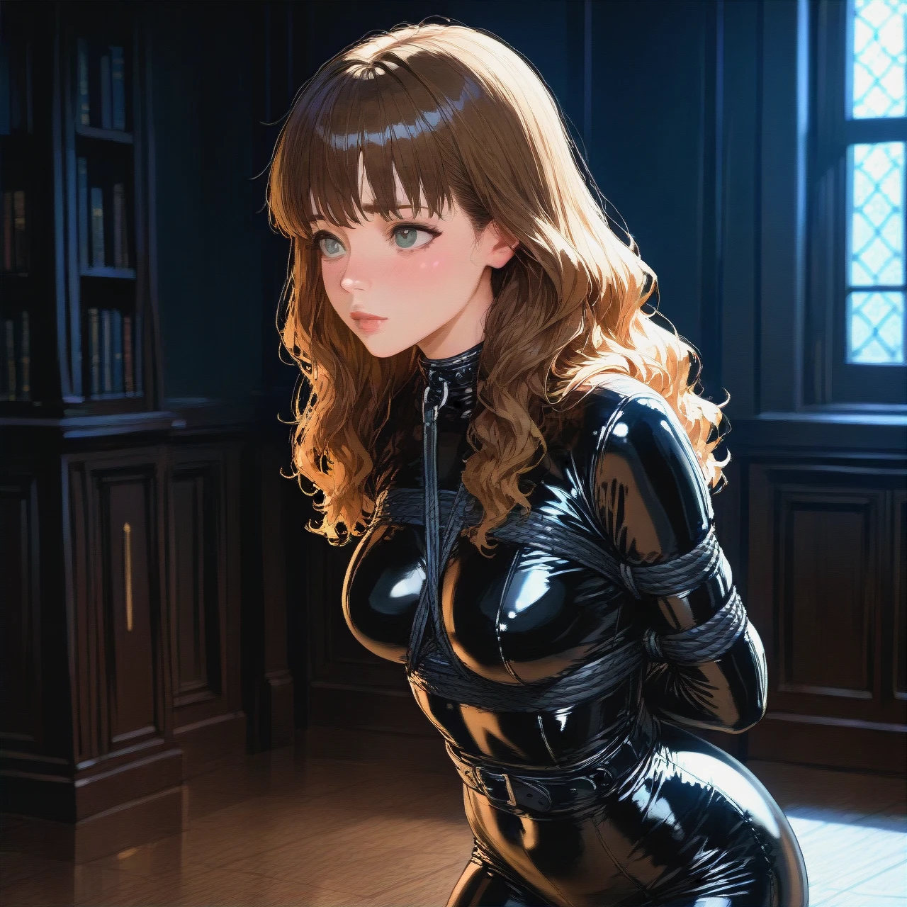 @hermione_granger wearing black catsuit and bound in (bondage)