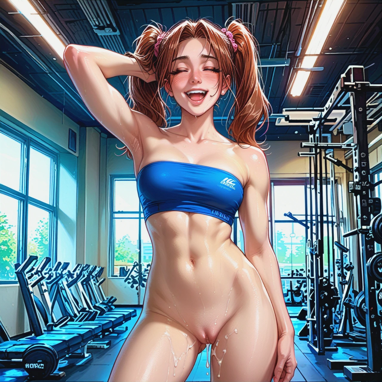 Gym,athletic girl (brown hair),twintails ,blushing,  standing,blue sports tube top,(cumdrip) (arm_up) (laughing) eyes closed,cum dripping,shaved pussy,pussy full of cum