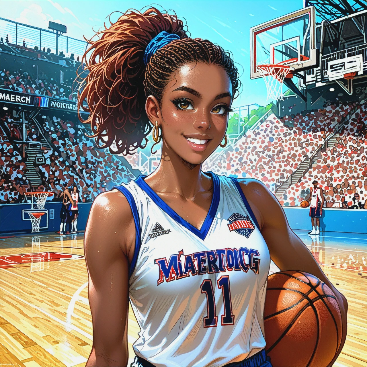 African-american girl, basketball field outside, basketball jersey, smiling, top ponytail