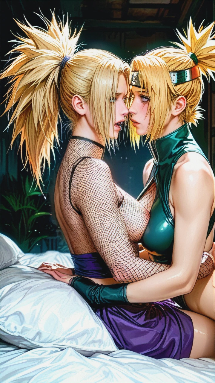 @temari, @ino_yamanaka, eye contact, hyper realistic, (medium_breasts), (breasts_out), (fucked_silly), (from_side), fucked in bed, costume, lesbian, 2 girls, scissoring