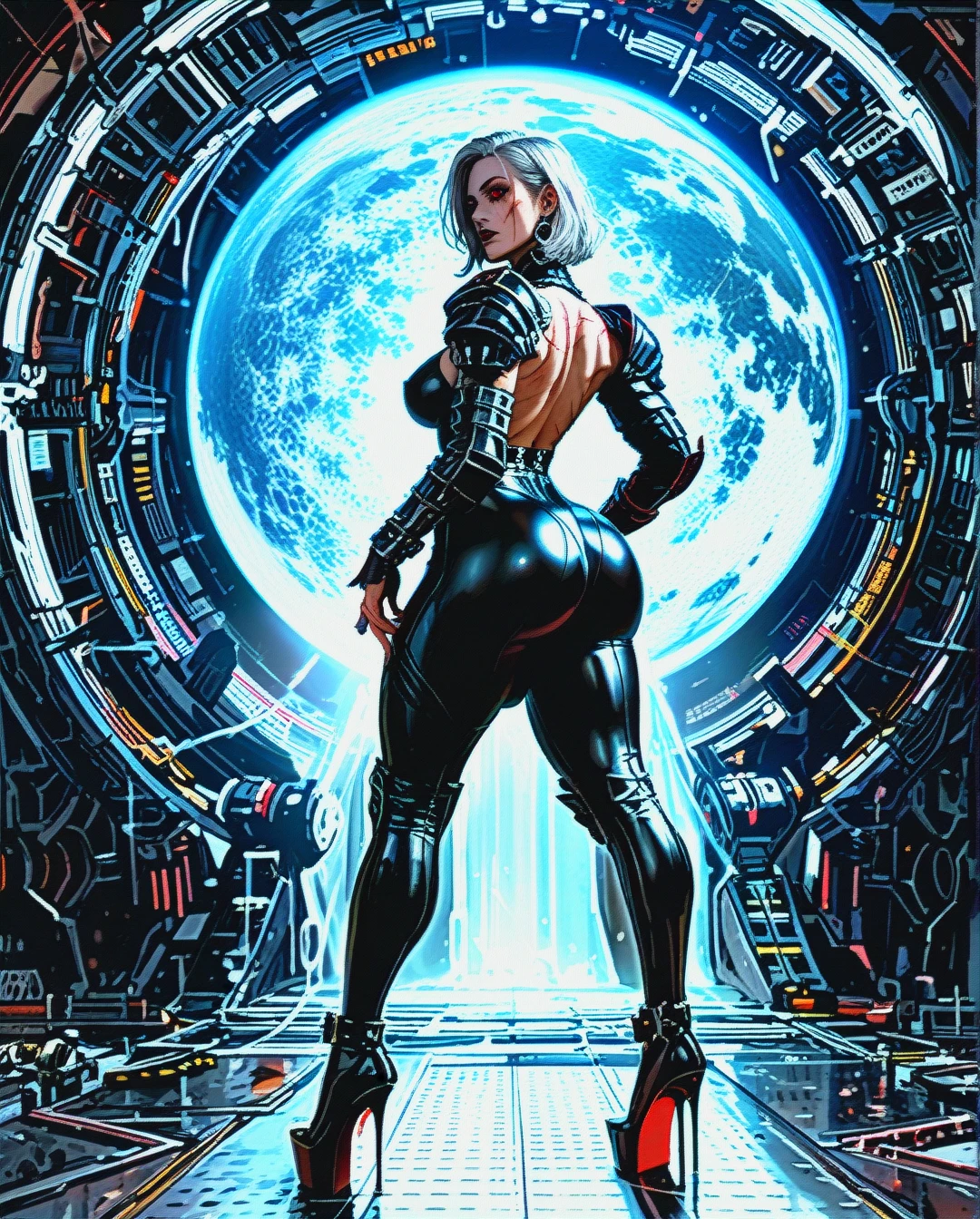 Realistic anime style, beautiful scars face, on the spaceship, mature futanari, curvy body, straight hair, red eyes, white hair, huge ass, medium breasts, black goth space kneehighs, high goth space heels, focus solo, black goth space full plate armor, scars, big bulge penis, sci-fi