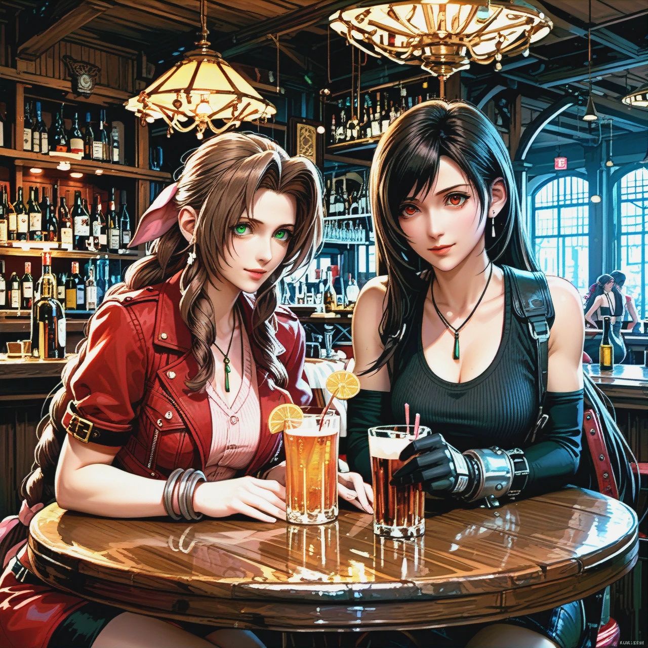 Bar,table,Tifa Lockhar,  @aerith_gainsborough ,2girls