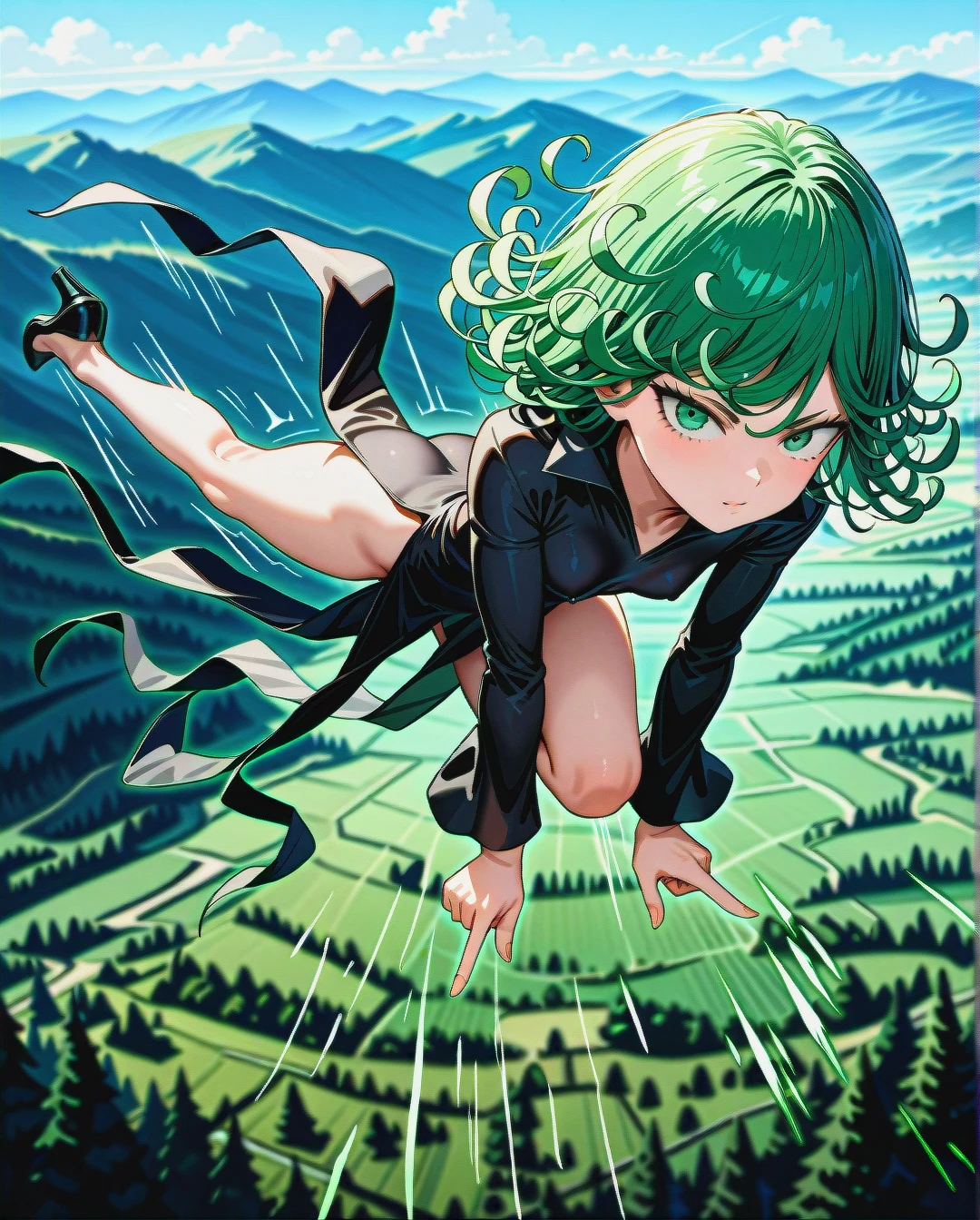 1girl, @tatsumaki, (perfect face), (beautiful green eyes), (very skinny), in black dress with long sleeve, in black heels, floating in the air, landscape is forest, (full_body), motion lines, day, (pointing_down)