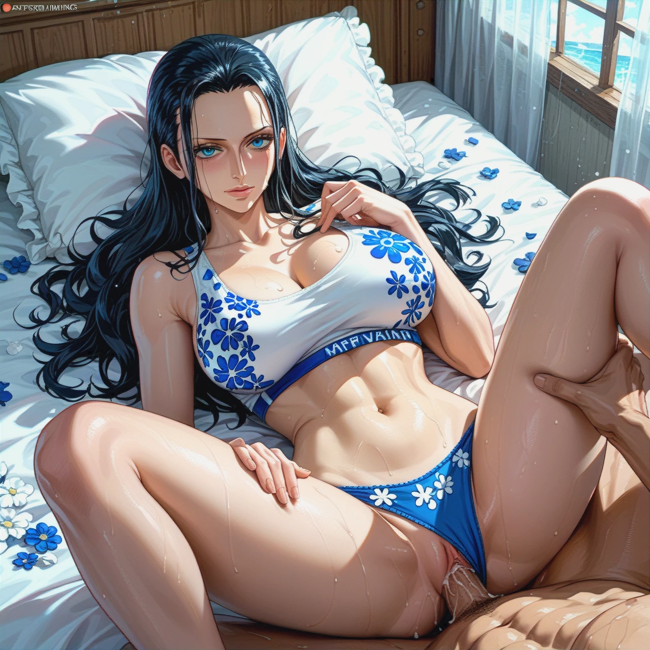 Pulled back hairstyle @nico_robin mature, missionary,on bed, white sports bra floral blue, white panties floral blue