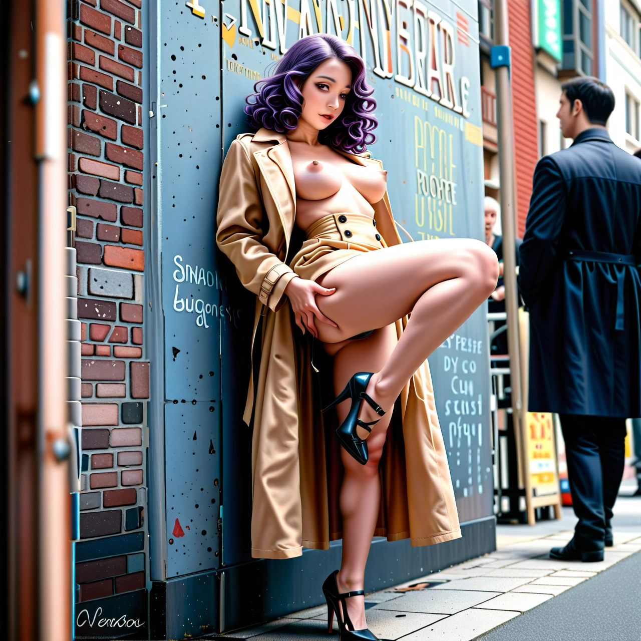 Loose_trench, long_coat, (exhibitionism), (full_body), (standing_on_one_leg),  (leaning), (through_clothes), wall, people, high_waist_thong_under_skirt, purple_curly_hair, (perky_breasts) , (implied_fingering)