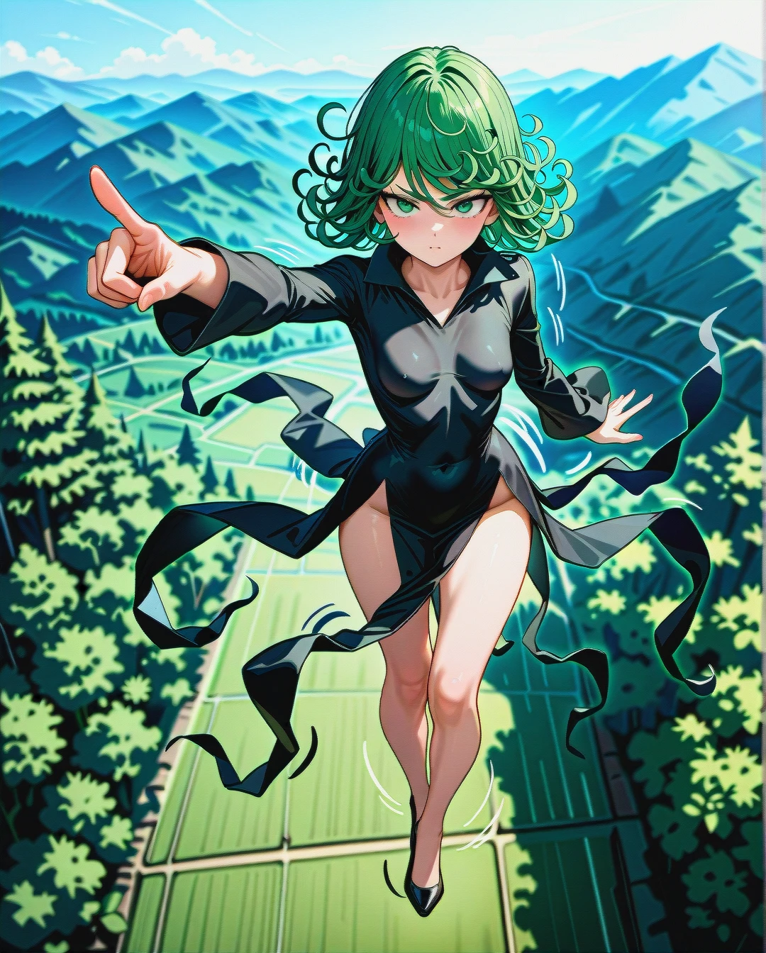 1girl, @tatsumaki, (perfect face), (beautiful green eyes), (very skinny), in black dress with long sleeve, in black heels, floating in the air, landscape is forest, (full_body), motion lines, day, (pointing)