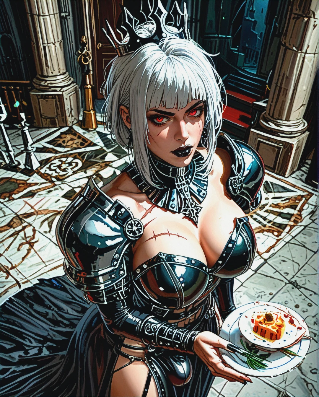 Realistic anime style, beautiful scars face, milf, on the dark castle, mature futanari, curvy body, straight hair, red eyes, white hair, huge ass, medium breasts, black goth kneehighs, high goth heels, focus solo, black goth full plate armor, scars, black crown, big bulge penis, focus ass