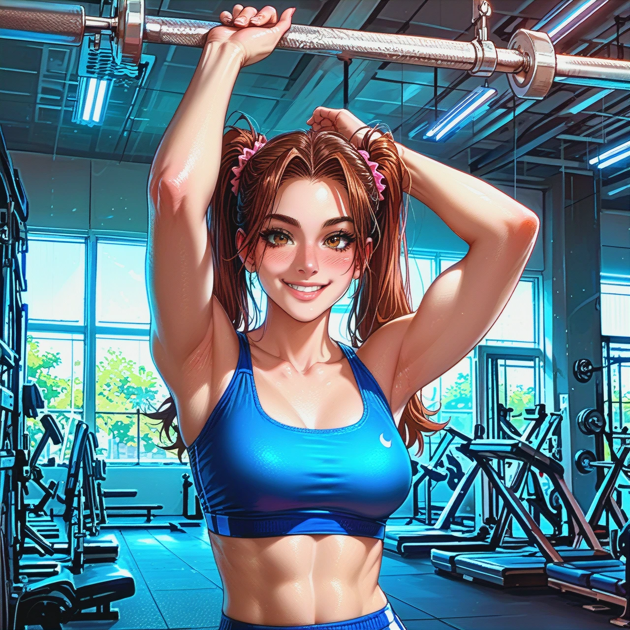 Gym,athletic girl (brown hair),twintails ,blushing,  standing,blue sports tube top and pants, (handstand) (smile)