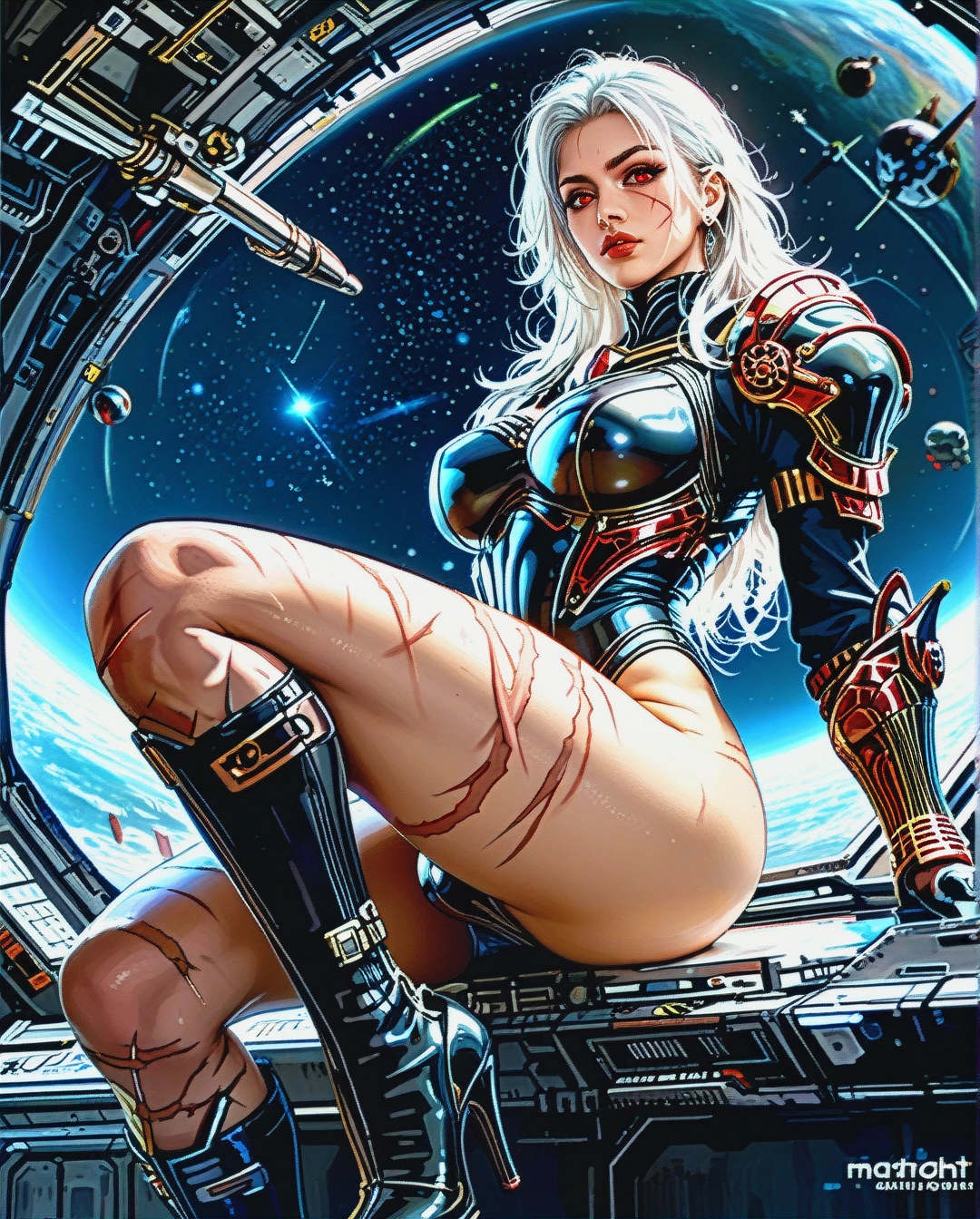 Realistic anime style, beautiful scars face, on the spaceship, mature futanari, curvy body, straight hair, red eyes, white hair, huge ass, medium breasts, black space kneehighs, high space heels, focus solo, black space full plate armor, scars, big bulge penis, sci-fi