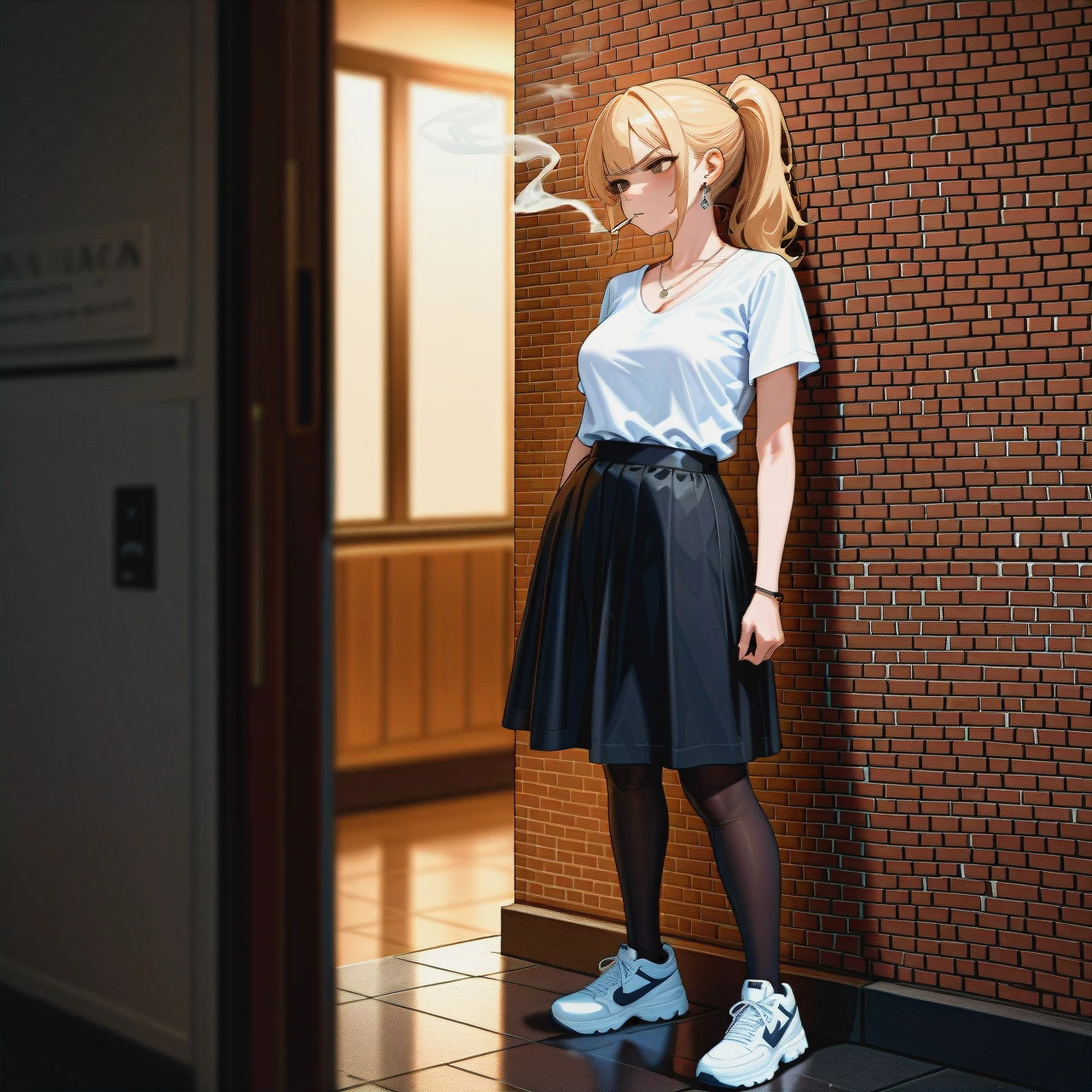 College, blonde_ponytail, brown_eyes, white_shirt, black_legwear, (full_body), (annoyed), brick_wall, smoking_room, cigarette_butts, students, trash_can, sneakers, black_skirt, (standing) , neckline , earrings, necklaces, jewellery