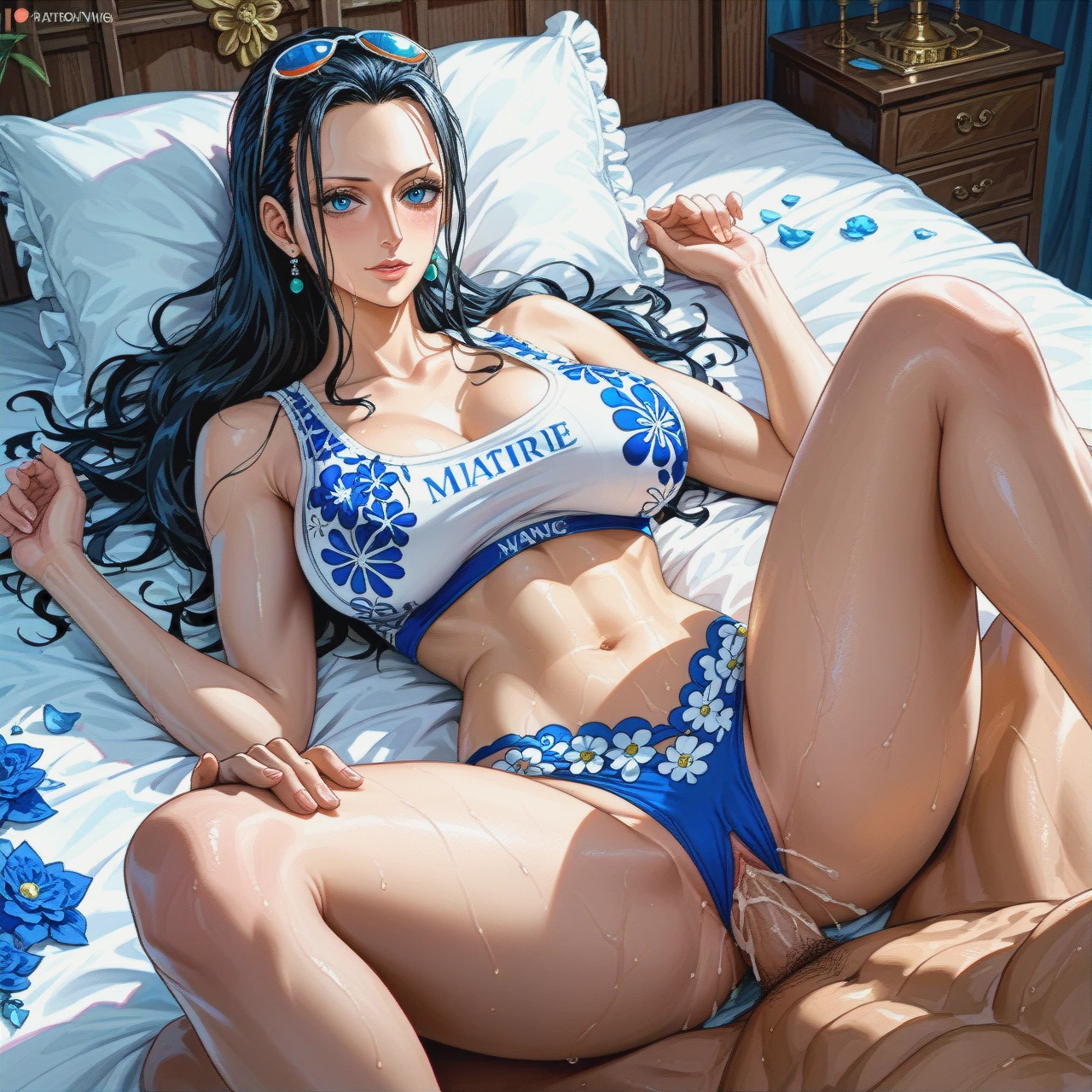 Pulled back hairstyle @nico_robin mature, missionary,on bed, white sports bra floral blue, white panties floral blue