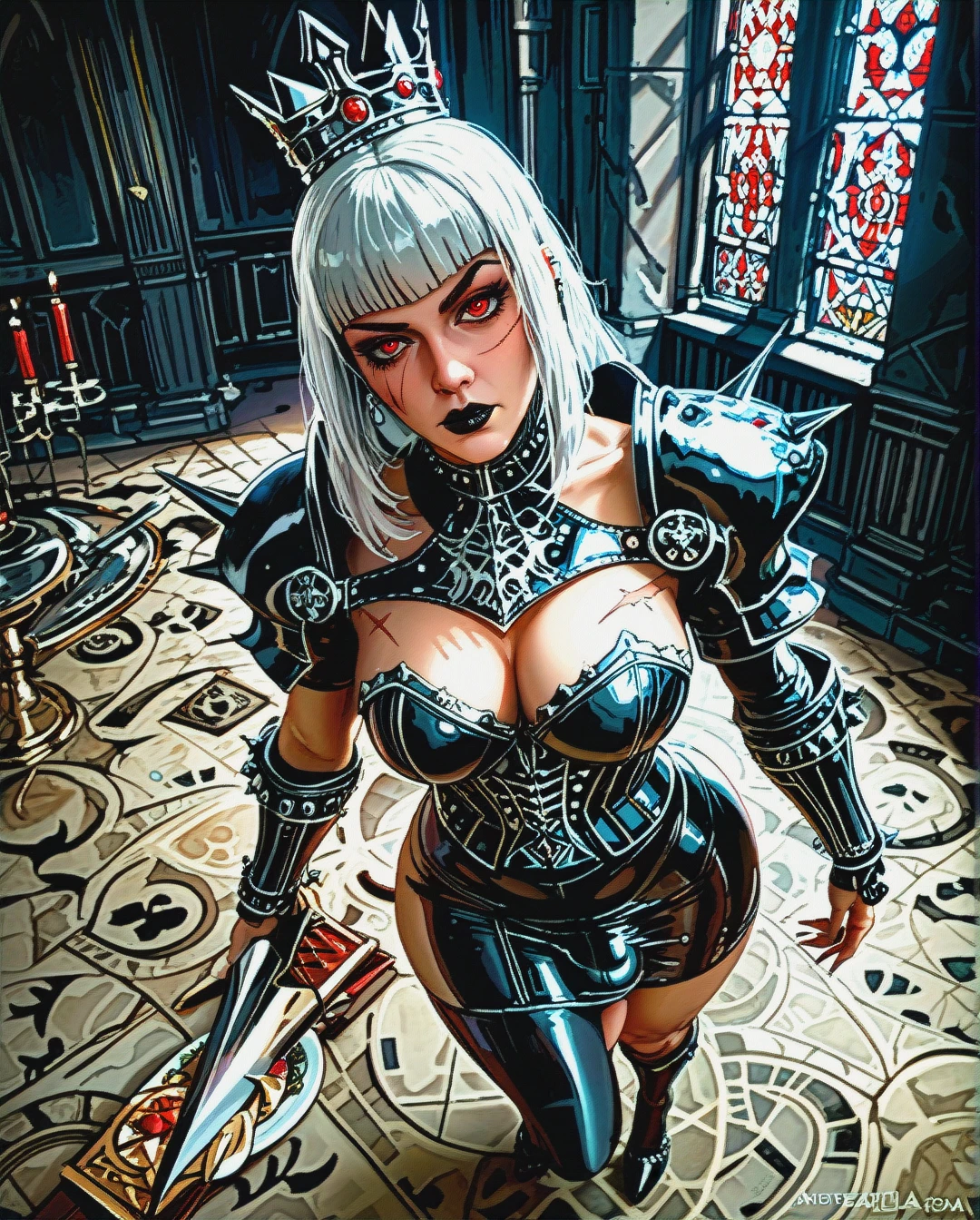 Realistic anime style, beautiful scars face, milf, on the dark castle, mature futanari, curvy body, straight hair, red eyes, white hair, huge ass, medium breasts, black goth kneehighs, high goth heels, focus solo, black goth full plate armor, scars, black crown, big bulge penis, focus ass