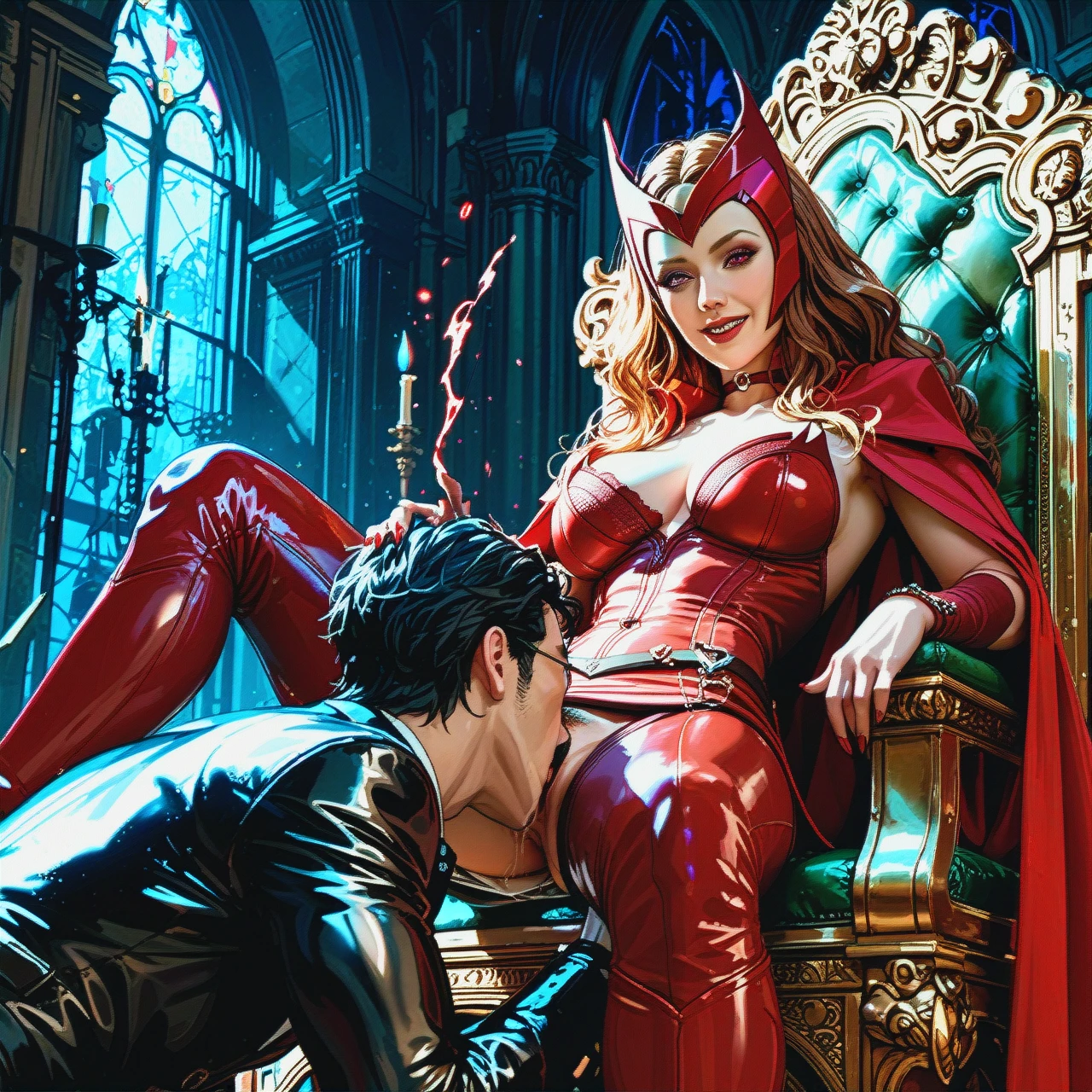 Smile Scarlet witch, femdom, night, sitting on the throne, pants, cunnilingus,