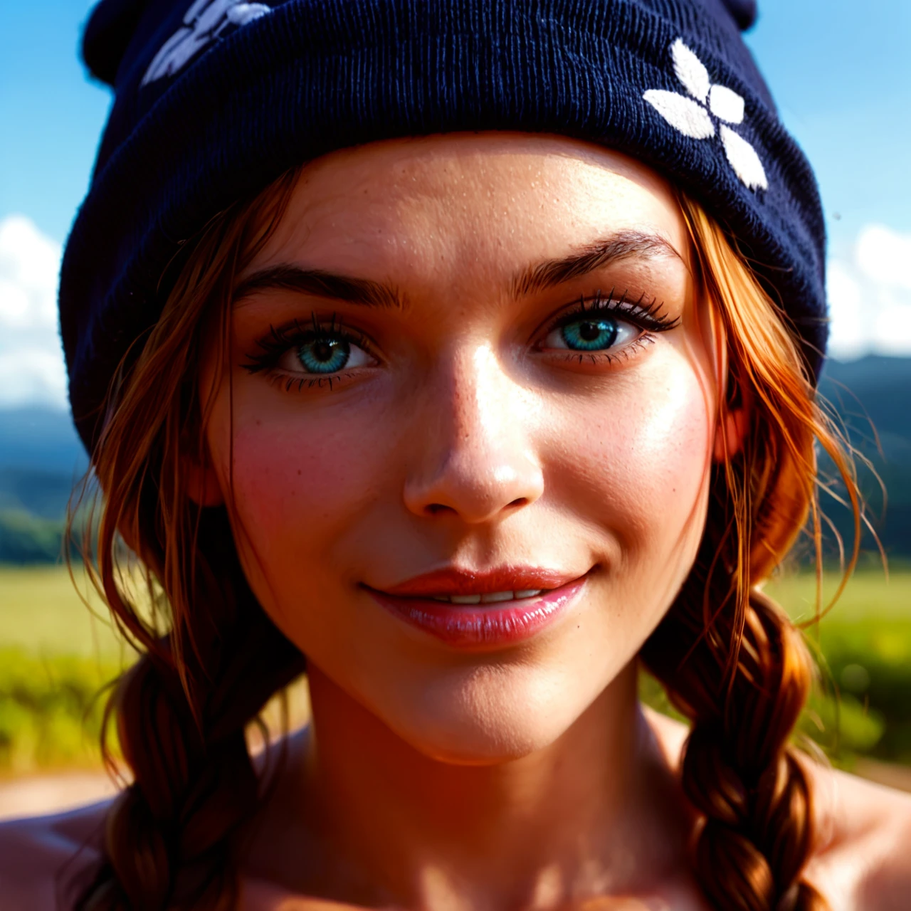 young woman, braids, beanie, nude, face shot, twinkling, smirking, biting lips, detailed