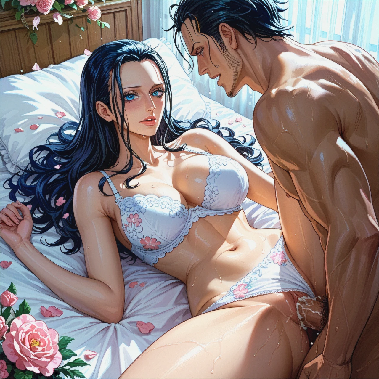 Pulled back hairstyle,@nico_robin ,sex missionary on bed,white bra pink floral,white panties pink floral