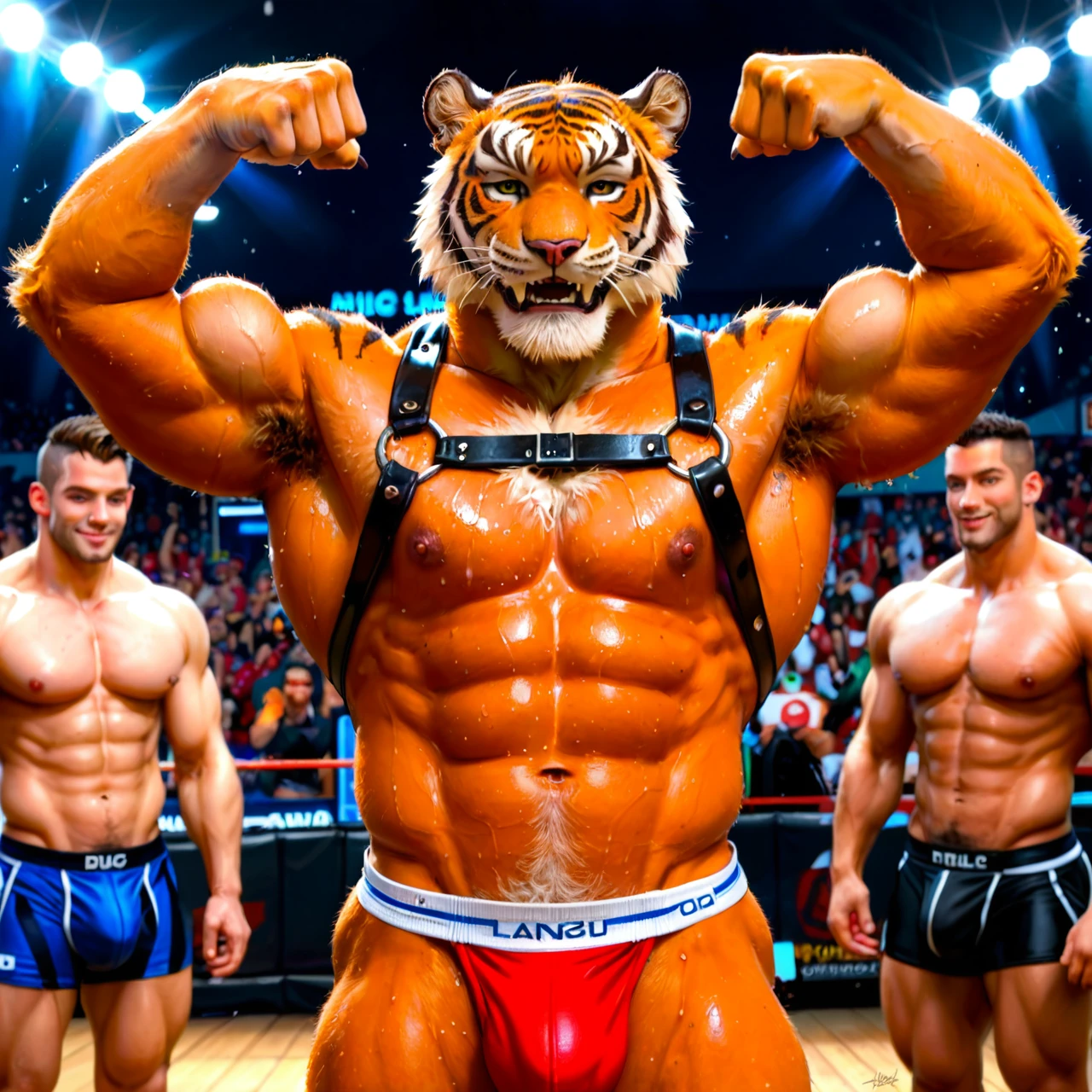 Furry only, anthro, male, gay, sabertooth tiger, big fangs, flexing, armpit hair, sweaty, presenting, jockstrap, big bulge, harness, smirk