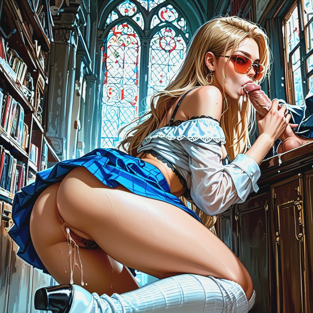 1girl,solo, a girl blowjob, handjob_behind, cum_inside, butthole,bubble_in nose,shining,off-shoulder, skirt_lift,white_socks,red_sunglasses,loose_bra,thigh_boots, hyperrealistic, bright_eyes, ArielWaifu