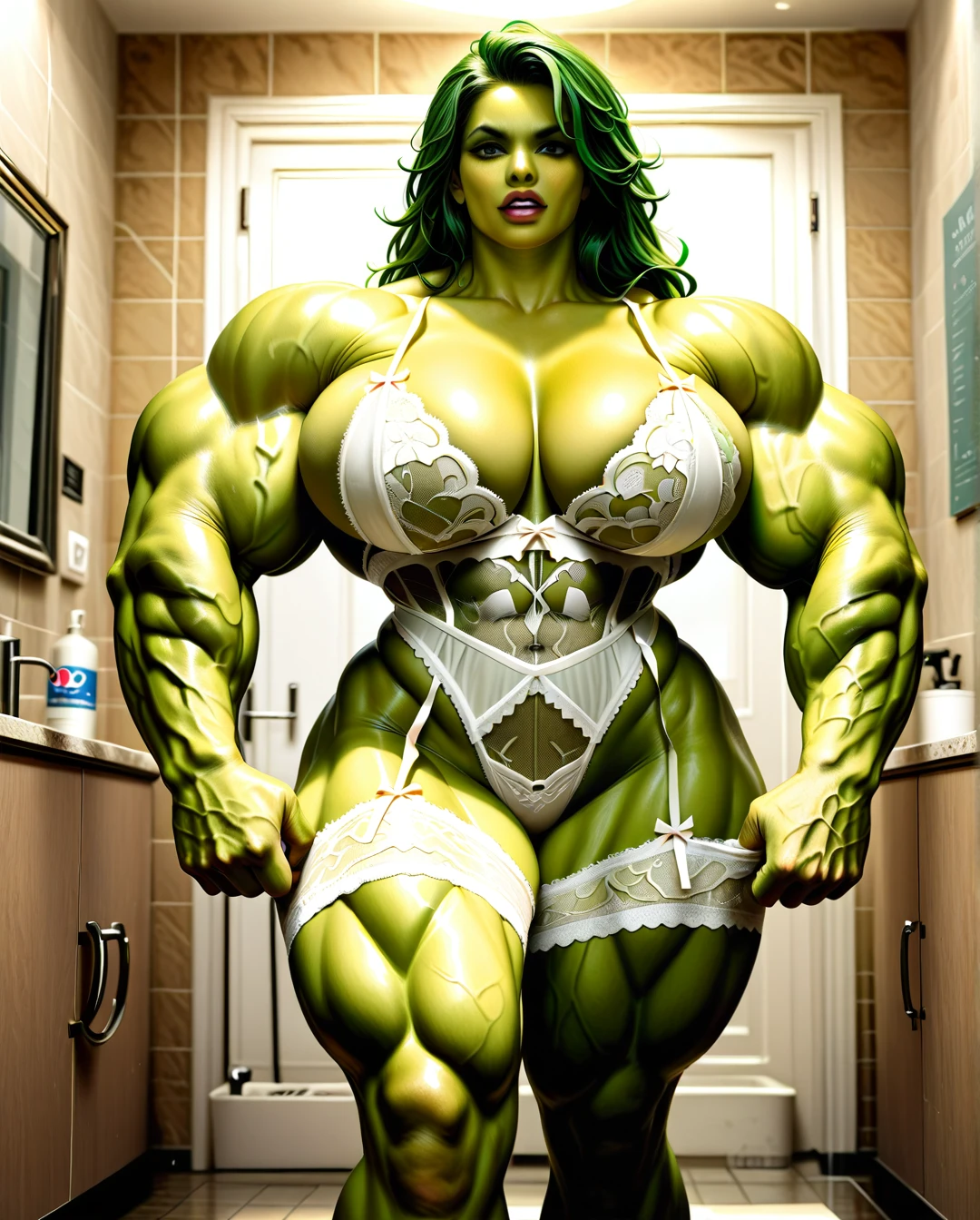 @she_hulk, hyper muscles female, massive muscles buffet, hyper gigantic muscles, hyper gigant muscles, hyper giant muscles, hyper muscle tank, pectorales, pecs man, lingerie stockings, bathroom