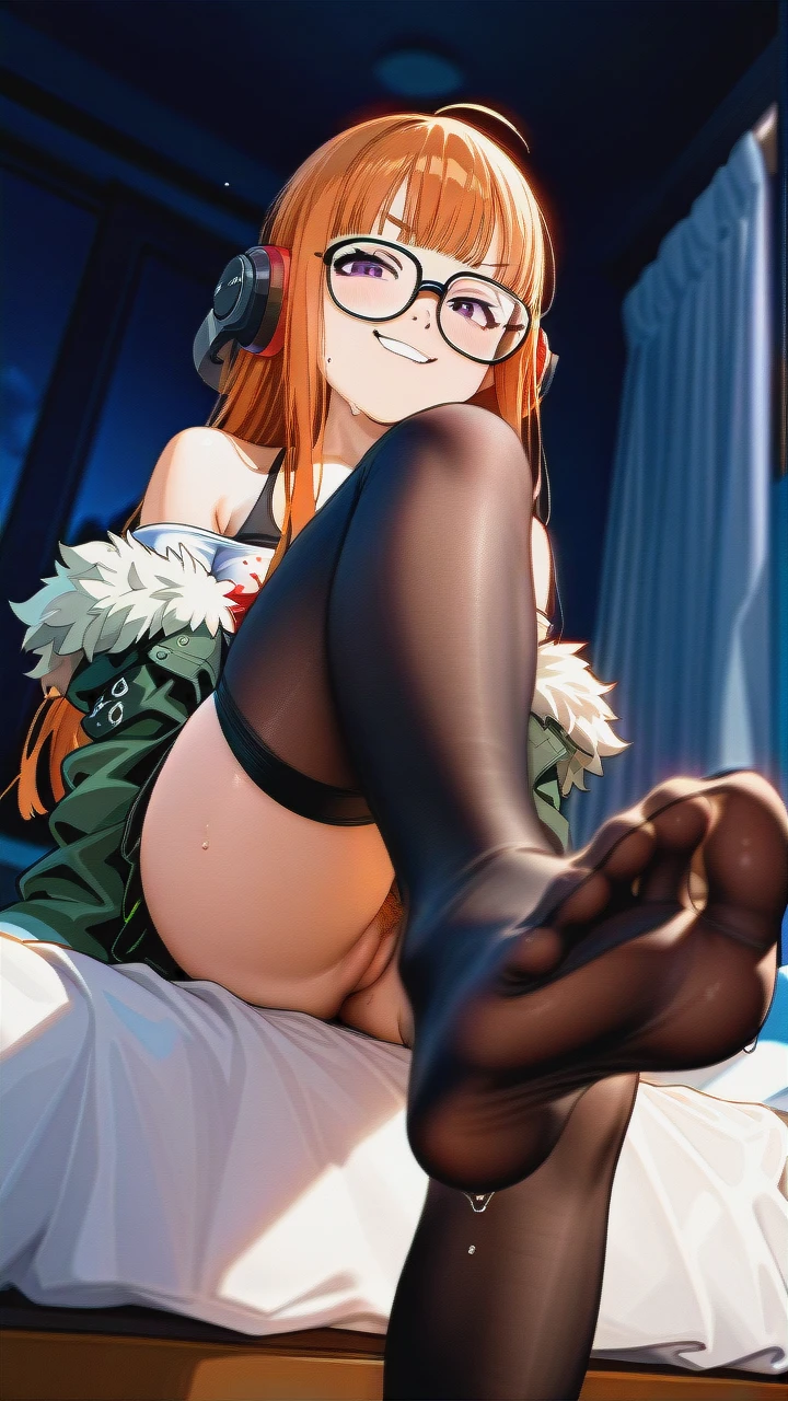 @sakura_futaba, upskirt, sitting on bed in messy dark bedroom at night, sweat, undressing her thighhighs and revealing her bare foot, smug grin, foot, toes, (from_below), no panties, orange pubic hair