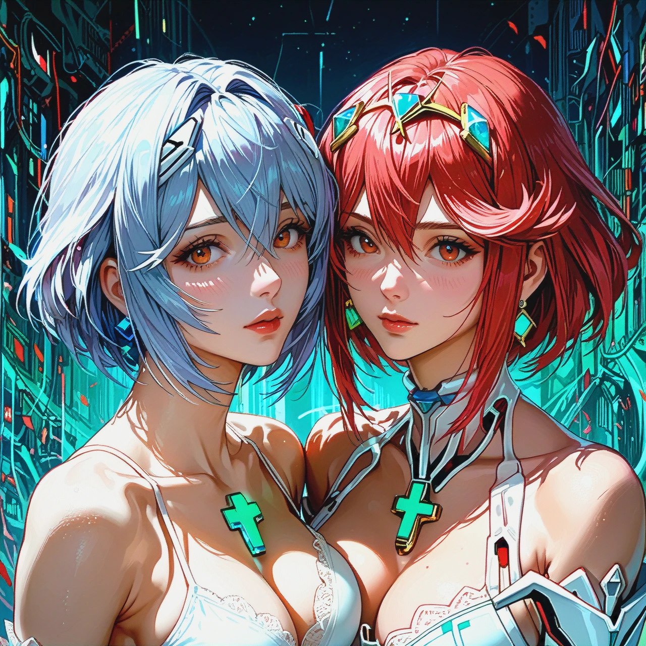 2girls, ayanami rei \(neon genesis evangelion\),brake, pyra \(xenoblade\),